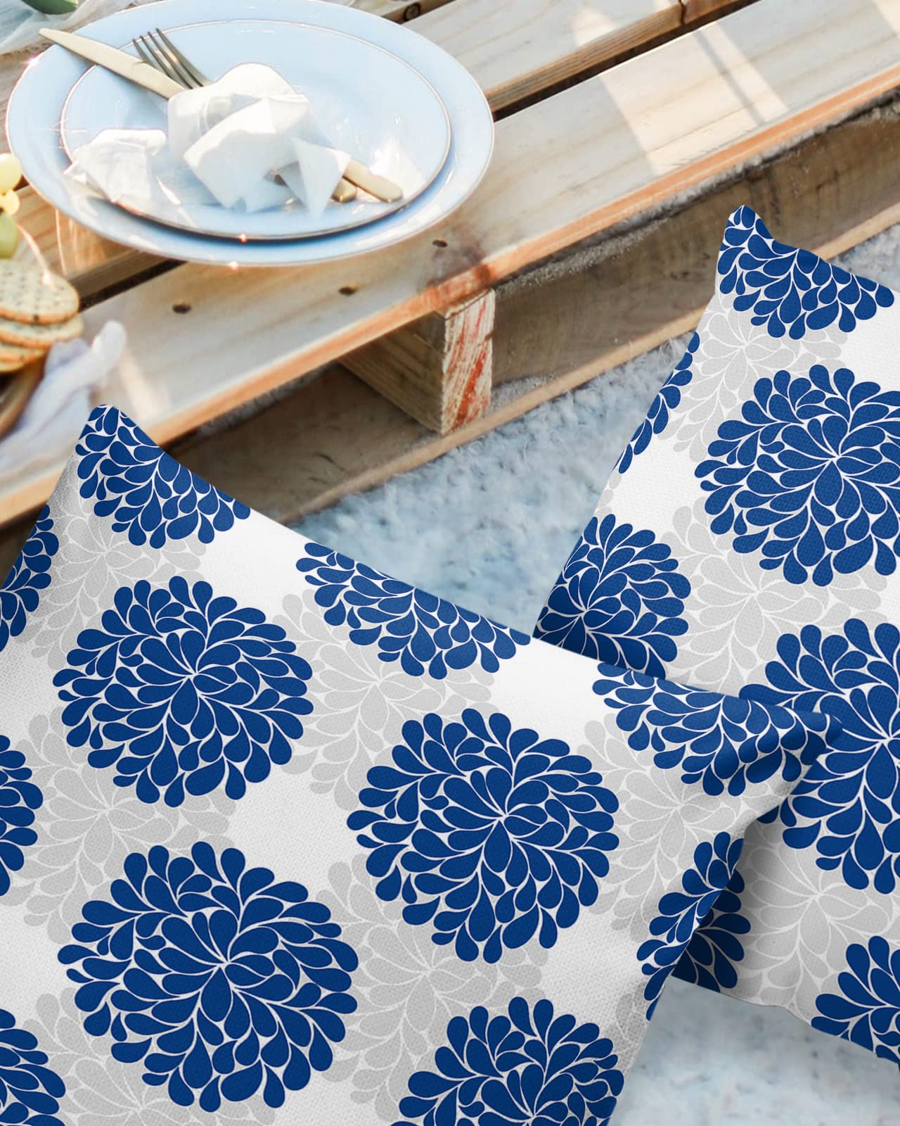 Waterproof Outdoor Throw Pillow Covers Set of 2 - 24x24 Inch Blue Grey Hydrangea Floral Lumbar Pillowcases for Patio Furniture, Couch, Garden Decor | Weather-Resistant & UV Protected for Porch, Deck, Poolside Use