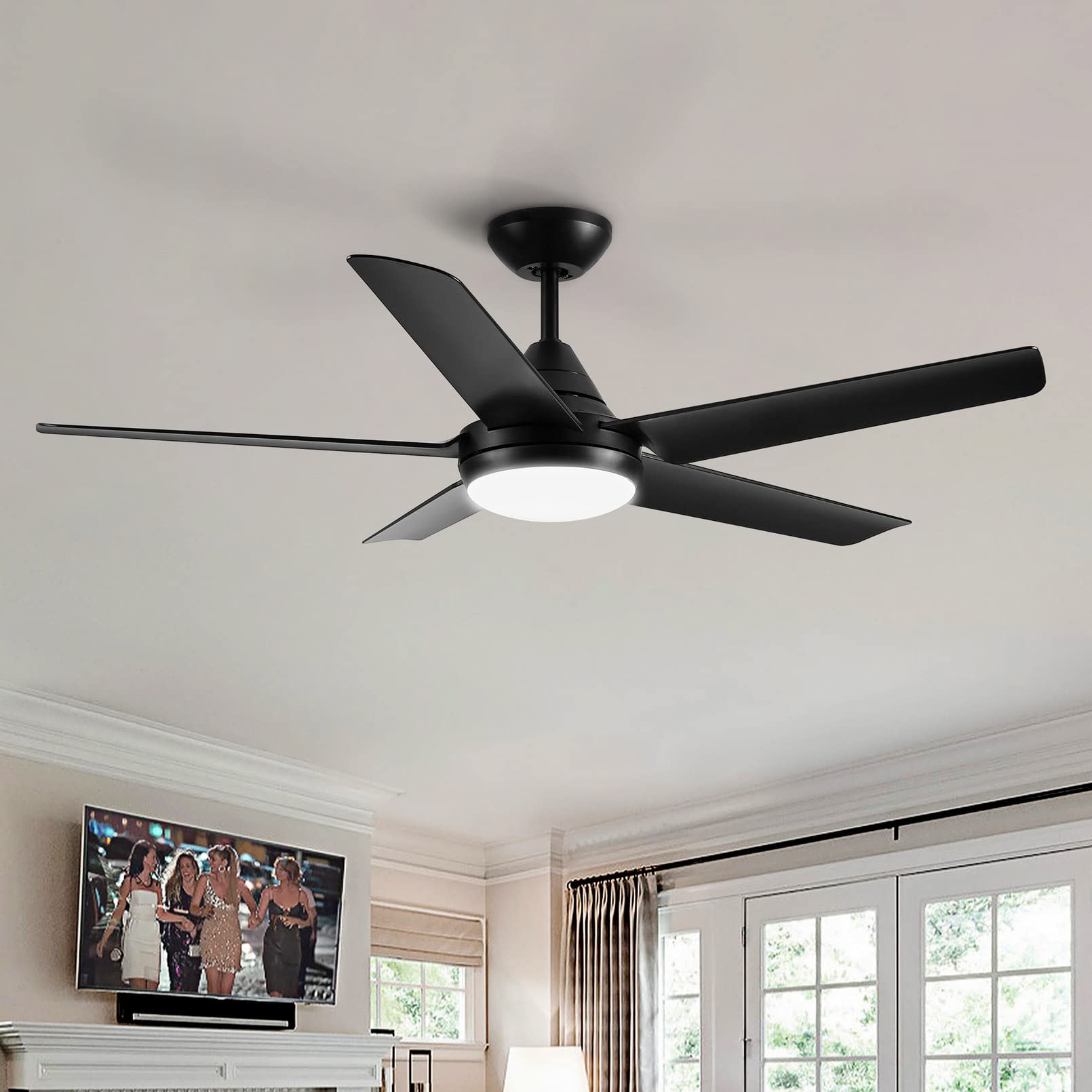 48-inch Modern Ceiling Fan with Lights & Remote Control - 5 Reversible Blades, 3 Speed Settings, Adjustable Color Temperature - Perfect for Indoor & Outdoor Use in Bedroom, Living Room, Garage (Black) - Energy Efficient Cooling & Stylish Home Decor