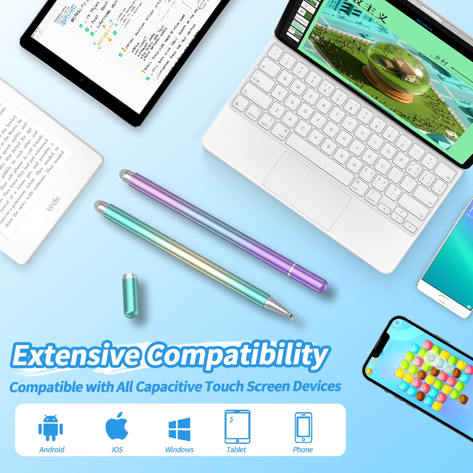 3 Pack Stylus Pens for Touch Screens - High Precision Magnetic Disc Universal Stylus Compatible with iPad, iPhone, Android & Microsoft Tablets (Green Gold/Purple Blue) - Perfect for Drawing, Note Taking & Digital Signatures
