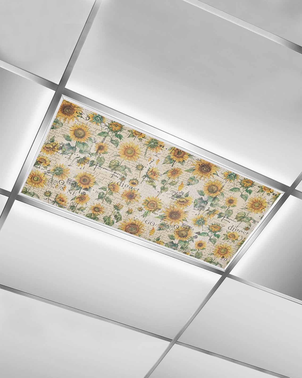 Vintage Fluorescent Light Covers with 10 Magnets - Sunflower & Newspaper Print Ceiling Lampshade, Glare-Reducing Light Filter Panel for Home, Office, Cafe and Restaurant Decor - Perfect for Cozy Indoor Lighting