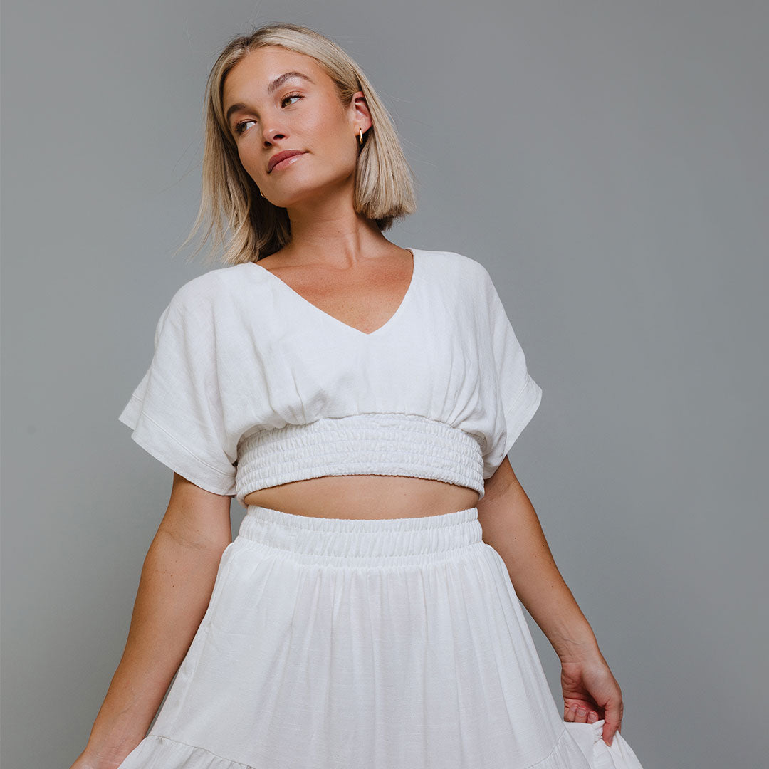 Coastal Crop Top in Cream - Women's Casual Short Sleeve Shirt for Beach, Summer Outfits & Boho Style Fashion