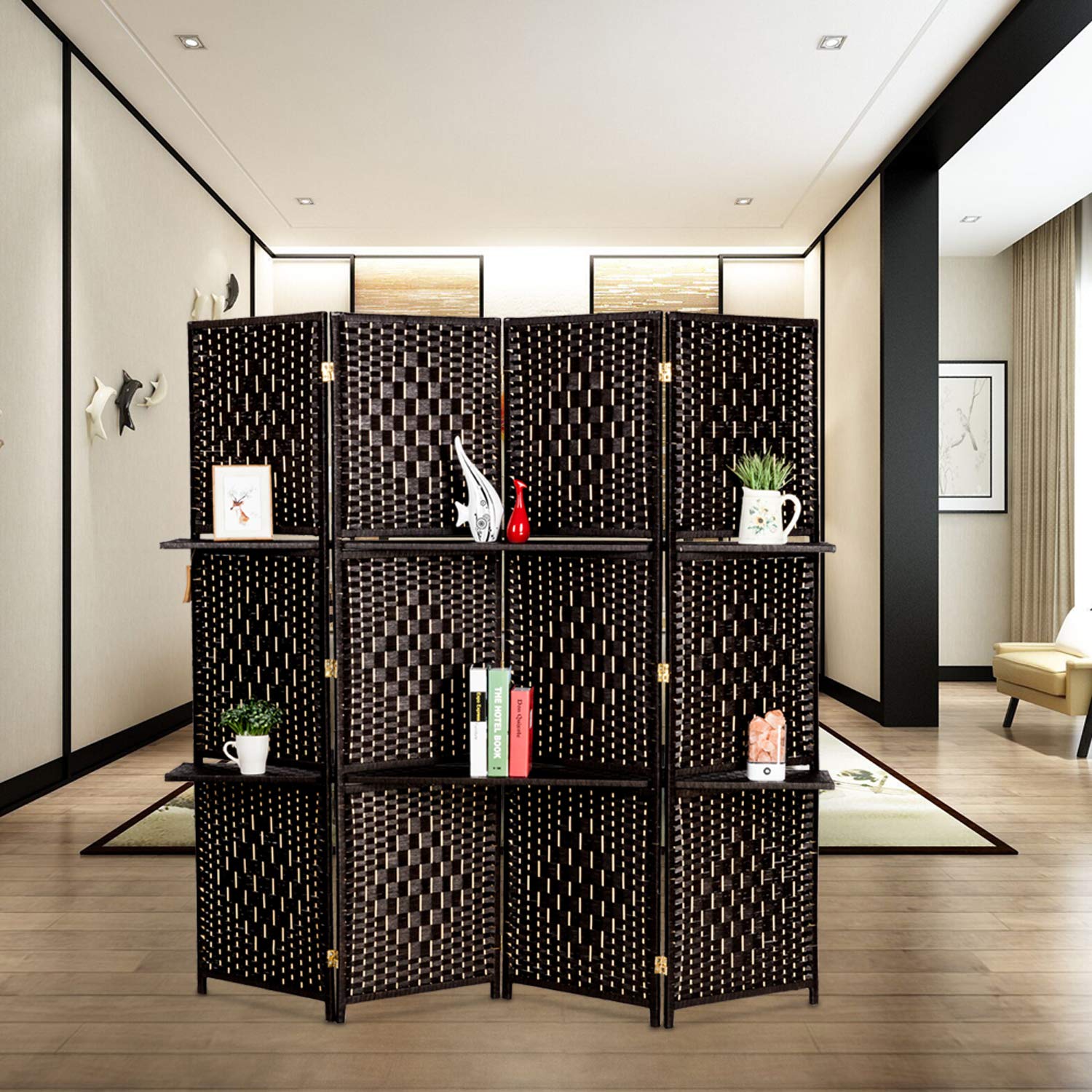 HOMVENT 4-Panel Wicker Weave Room Divider - 6ft Rattan Privacy Screen with 2 Shelves for Indoor & Outdoor Use | Perfect for Living Room, Bedroom, Dining Room, Office & Patio Decor