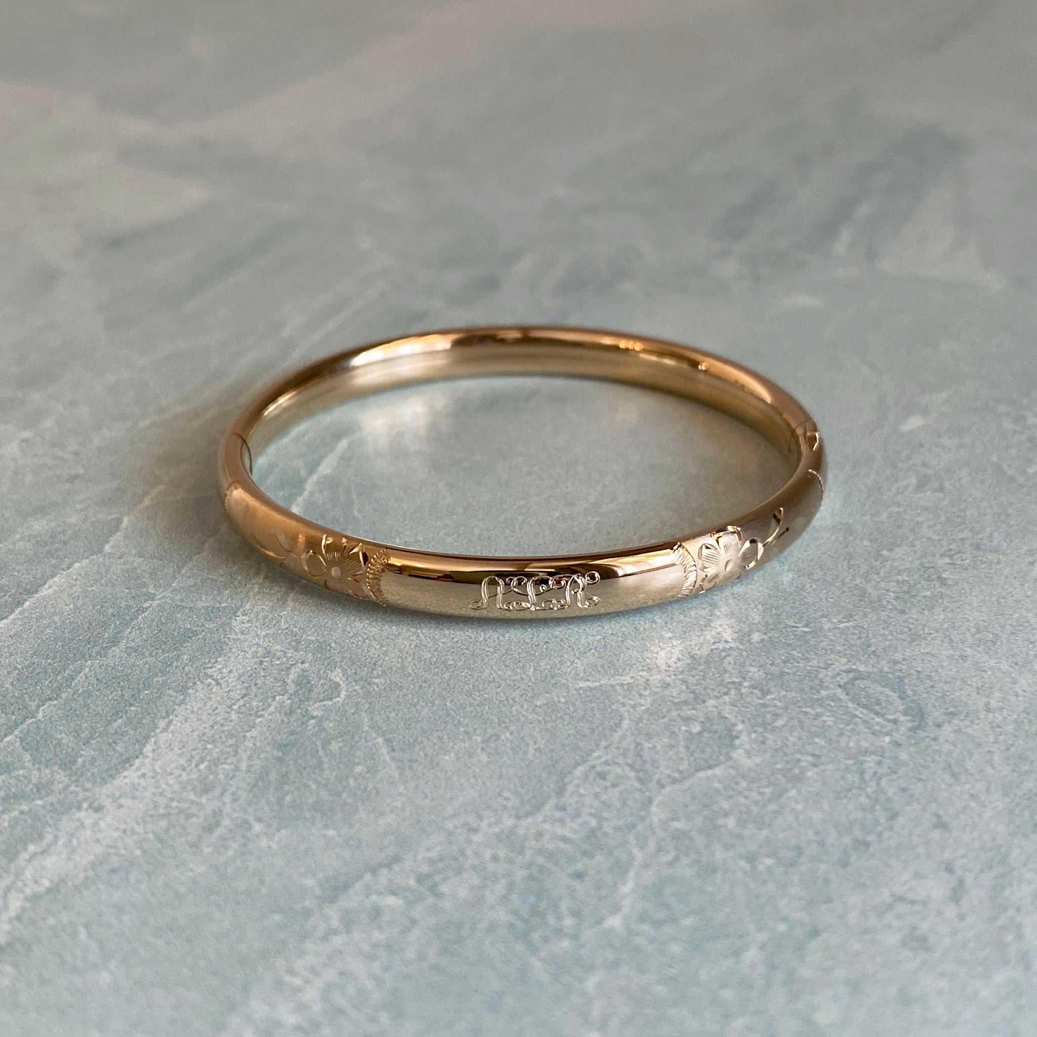 14K Gold Filled Floral Signet Bangle for Kids - Elegant Adjustable Children's Jewelry Gift for Birthdays & Special Occasions