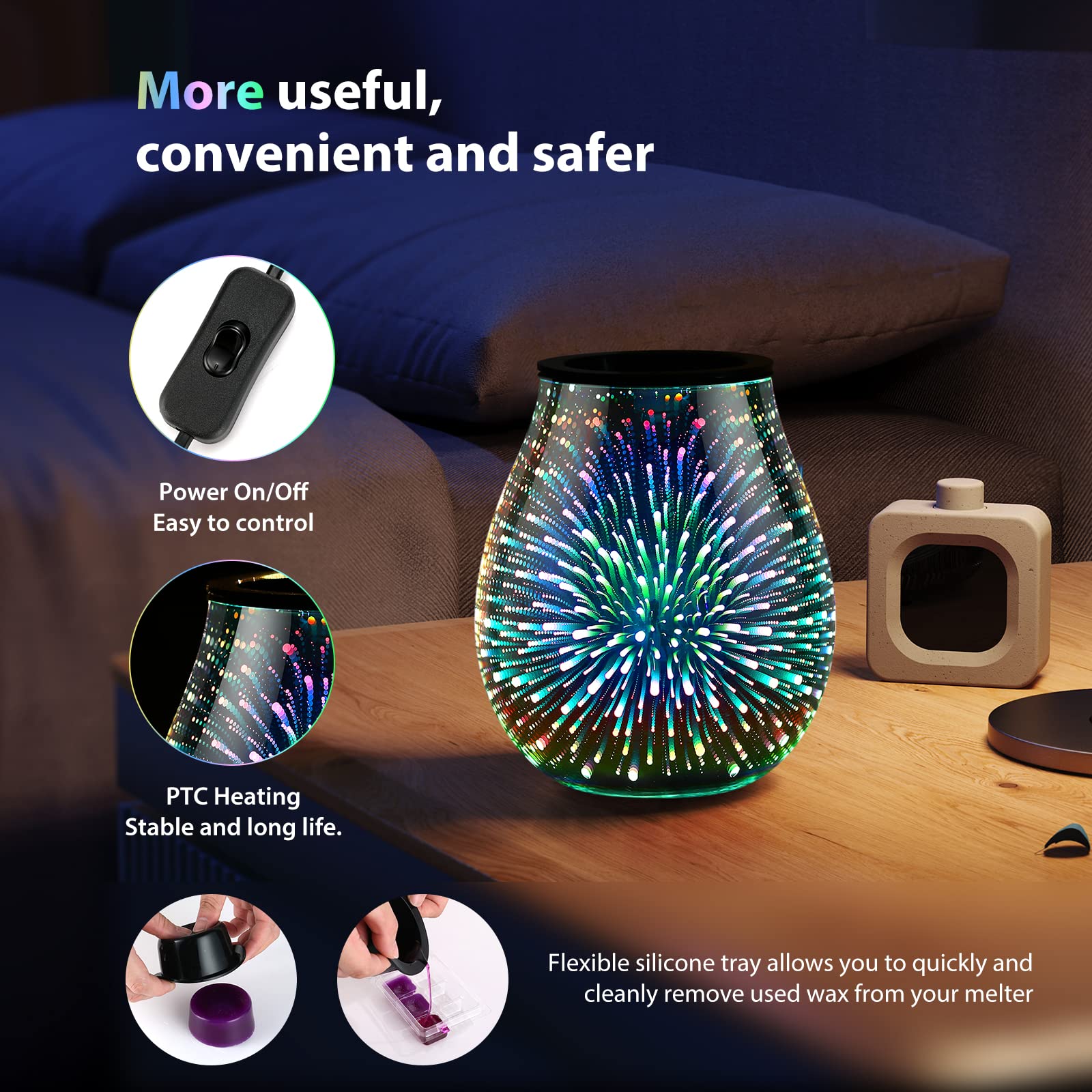 3D Glass Electric Wax Melt Warmer with PTC Heating & 7-Color LED Lights - Reusable Silicone Tray, Aromatherapy Oil Diffuser for Home, Office, Bedroom, Spa - Perfect for Relaxation, Mood Lighting & Fragrance Therapy