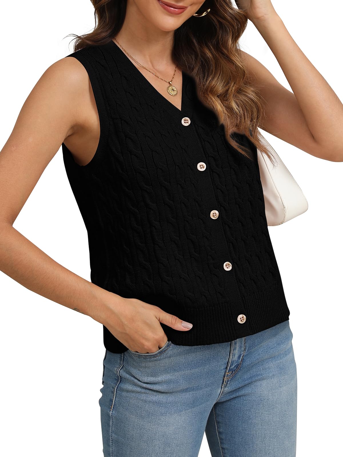 WIHOLL Women's Cable Knit Sweater Vest - Cropped Sleeveless Cardigan with Buttons | Fall & Winter Fashion 2024 | Perfect for Layering, Office Wear & Casual Outfits