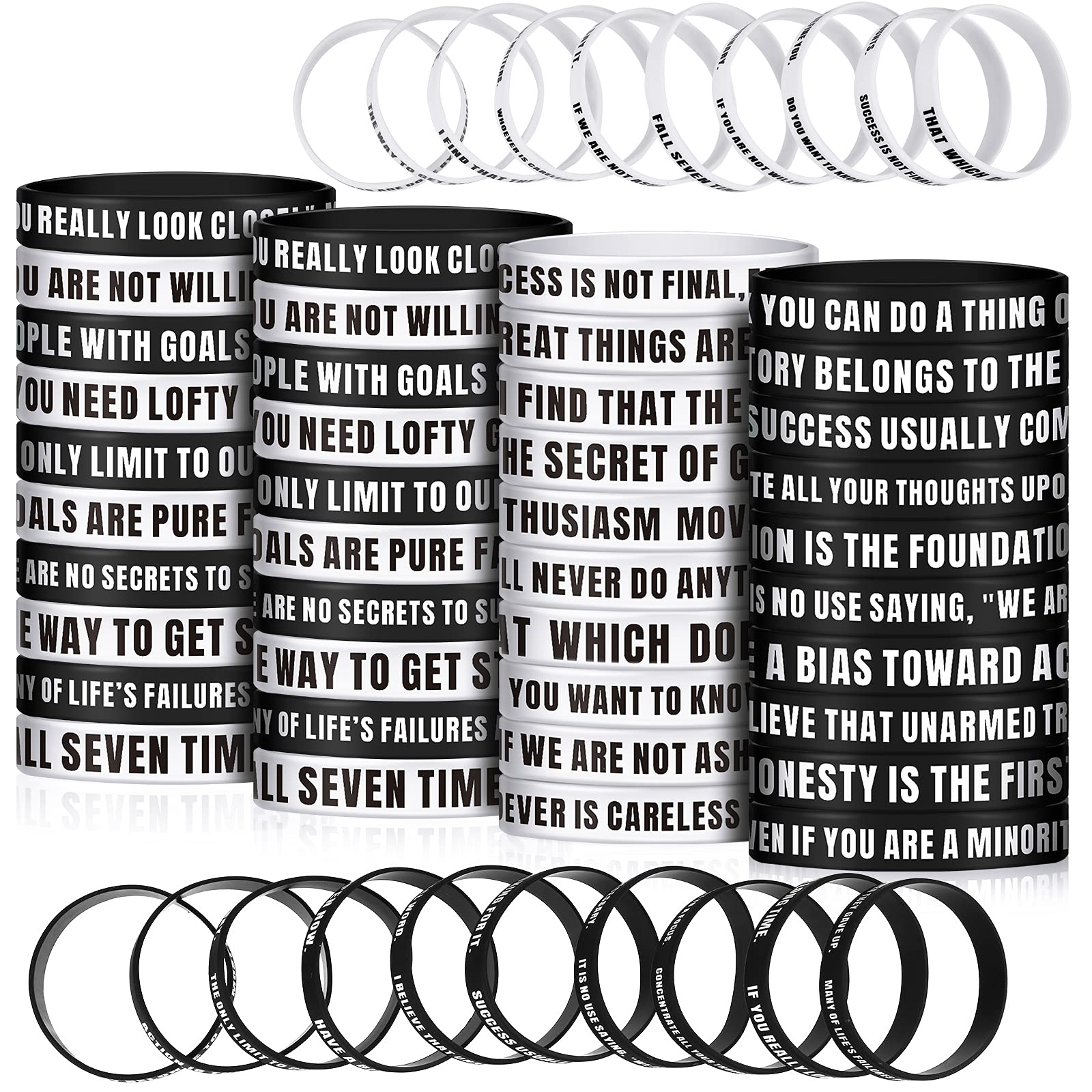 60 Pack Motivational Silicone Wristbands - Inspirational Quote Bracelets for Men, Women & Teens - Stretchy Rubber Bands for Daily Wear, Sports, Fundraisers & Birthday Party Favors (30 Unique Styles)