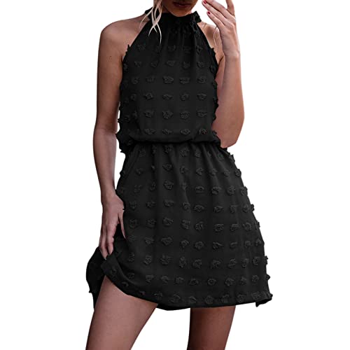 WOCACHI Women's Summer Sleeveless Halter Neck Mini Dress - Elastic Waist Swiss Dot Ruffled A-Line Swing Sundress for Beach, Vacation & Outdoor Parties
