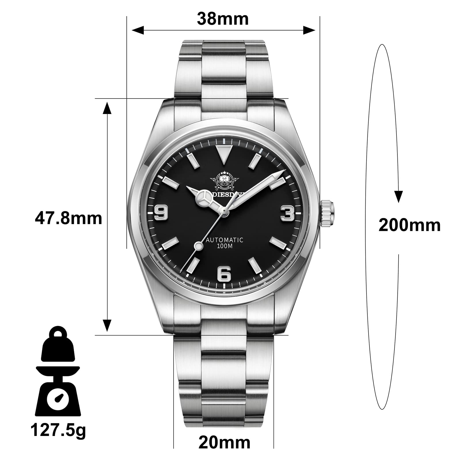 ADDIESDIVE 38mm Automatic Watch for Men & Women - NH35A Movement, Stainless Steel Strap, Black & Blue Dial (AD2112) - Perfect for Business, Casual & Everyday Wear