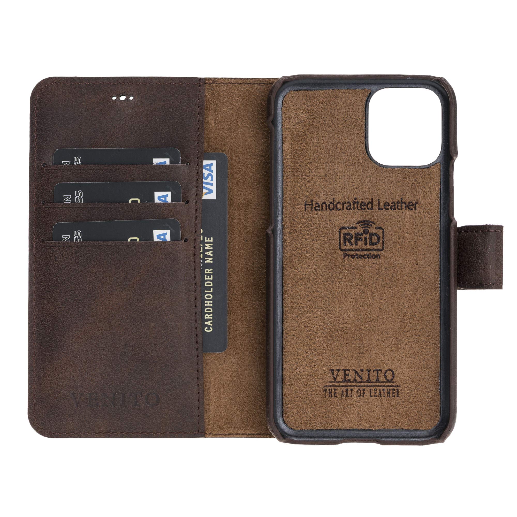 Venito Florence Genuine Leather Wallet Phone Case for iPhone 11 Pro - RFID Blocking Protection - Detachable Design (Coffee Brown) - Perfect for Travel, Business & Everyday Use