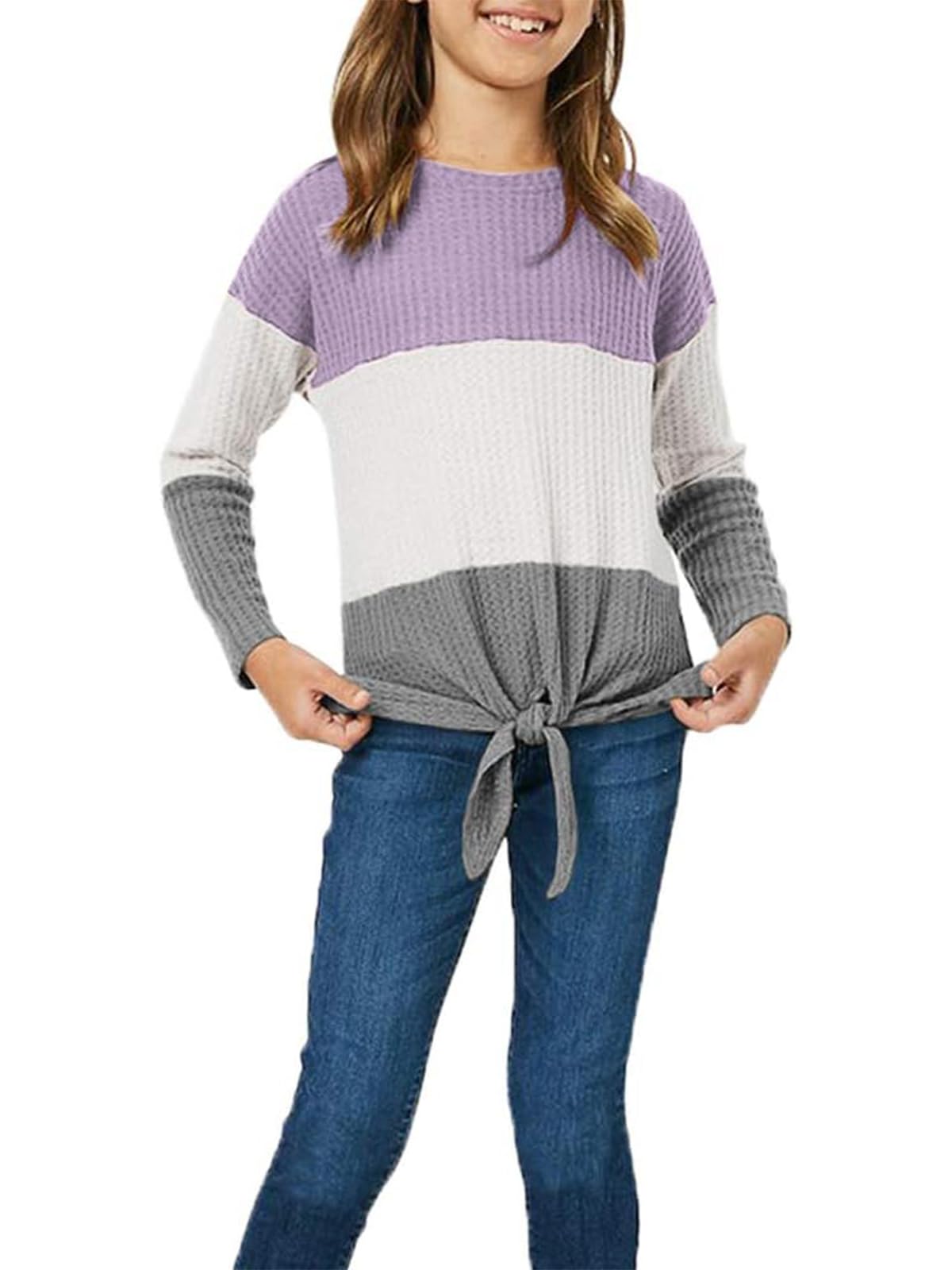 Girls Waffle Knit Colorblock Tie Front Long Sleeve Tunic Top - Casual Comfortable Kids Shirt for School, Playdates & Everyday Wear