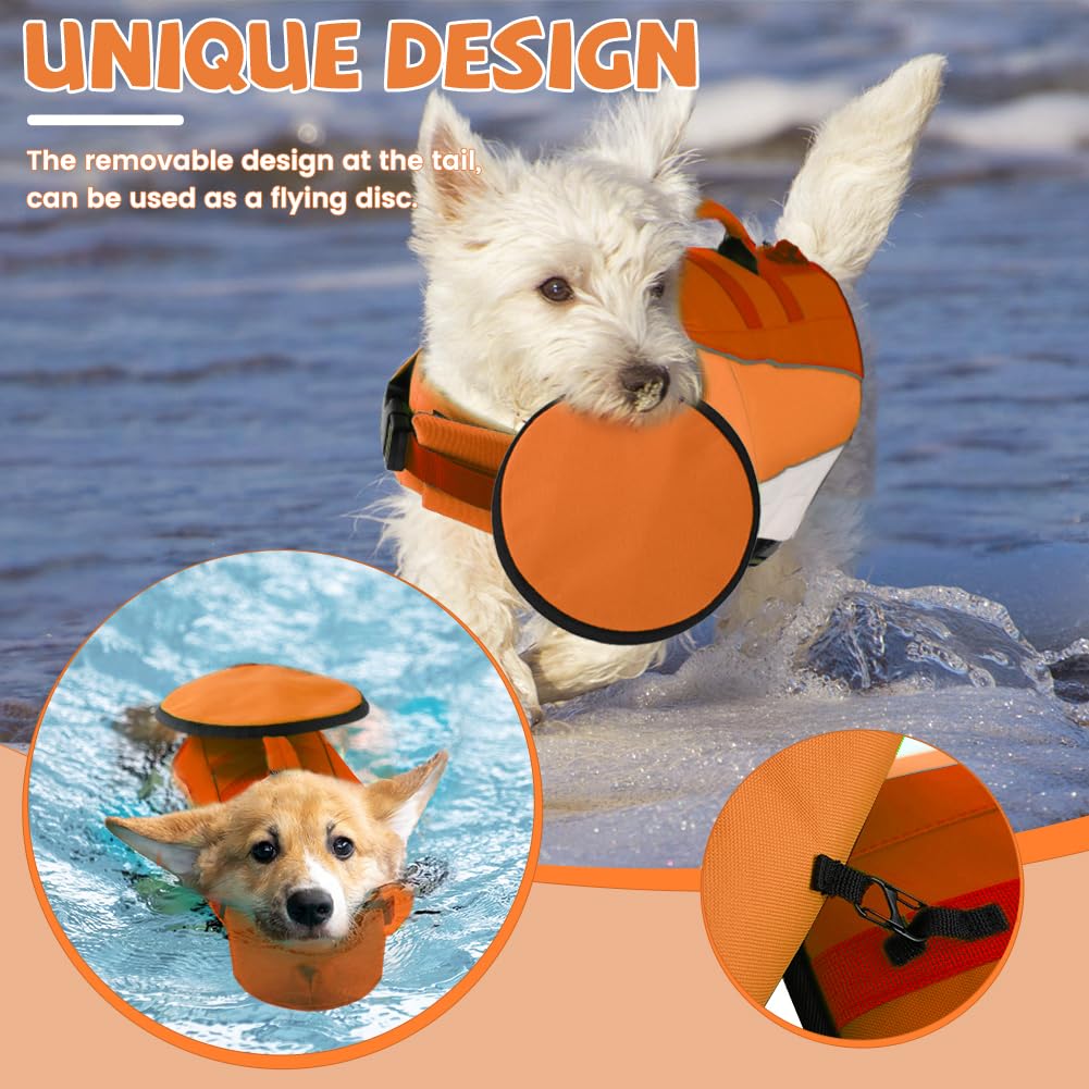 EMUST Dog Life Jacket & Swimming Vest - Adjustable Ripstop Flotation Vest with Rescue Handle for French Bulldog, Dachshund, Corgi (Orange, Medium) - Perfect for Beach, Pool & Boating Safety