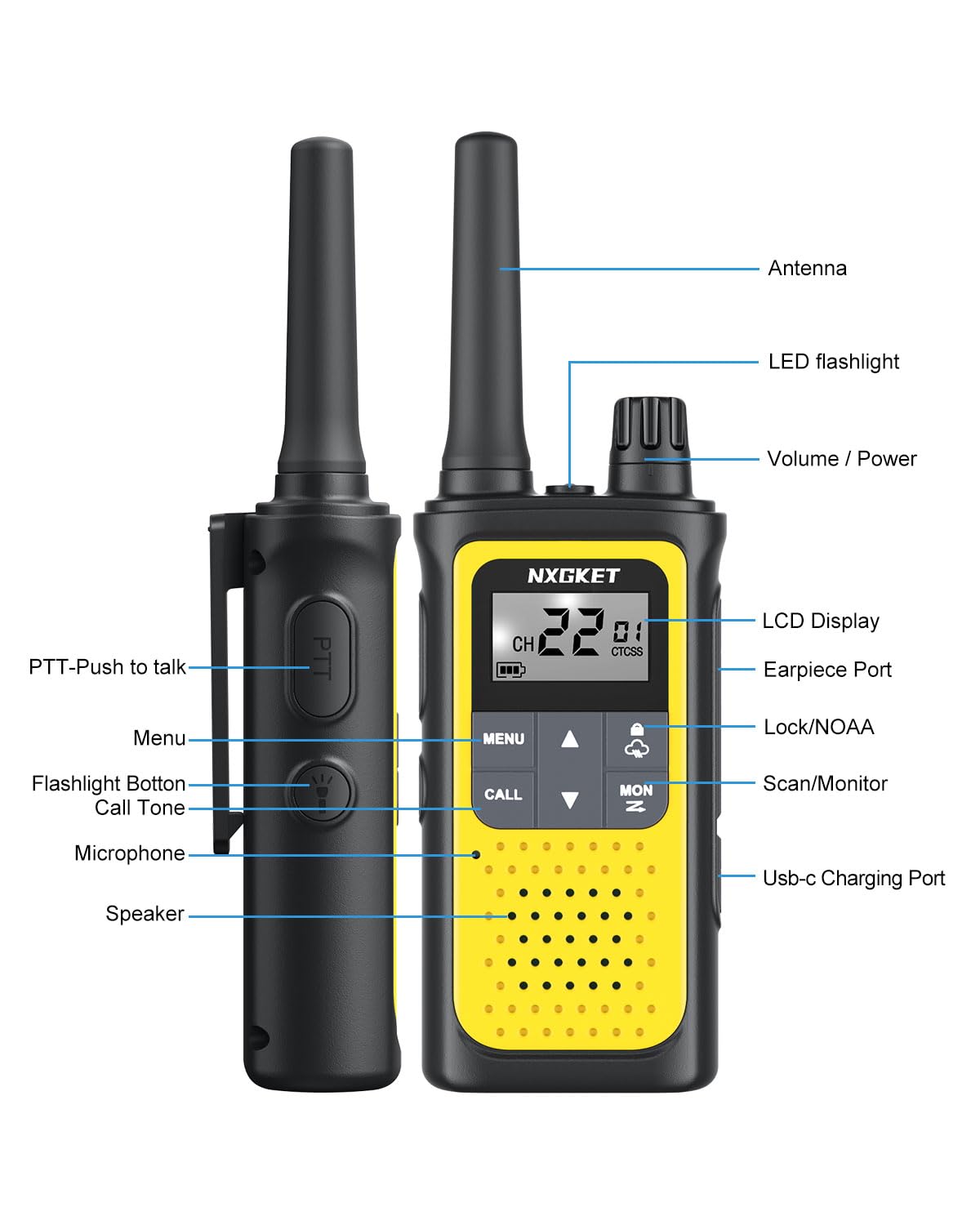 Long Range Walkie Talkies for Adults - Rechargeable 2 Way Radios with NOAA Weather Alerts, 22 FRS Channels & 1800mAh Li-ion Battery, USB-C Charger - Perfect for Outdoor Adventures, Cruises, Camping & Emergency Communication (4 Pack)