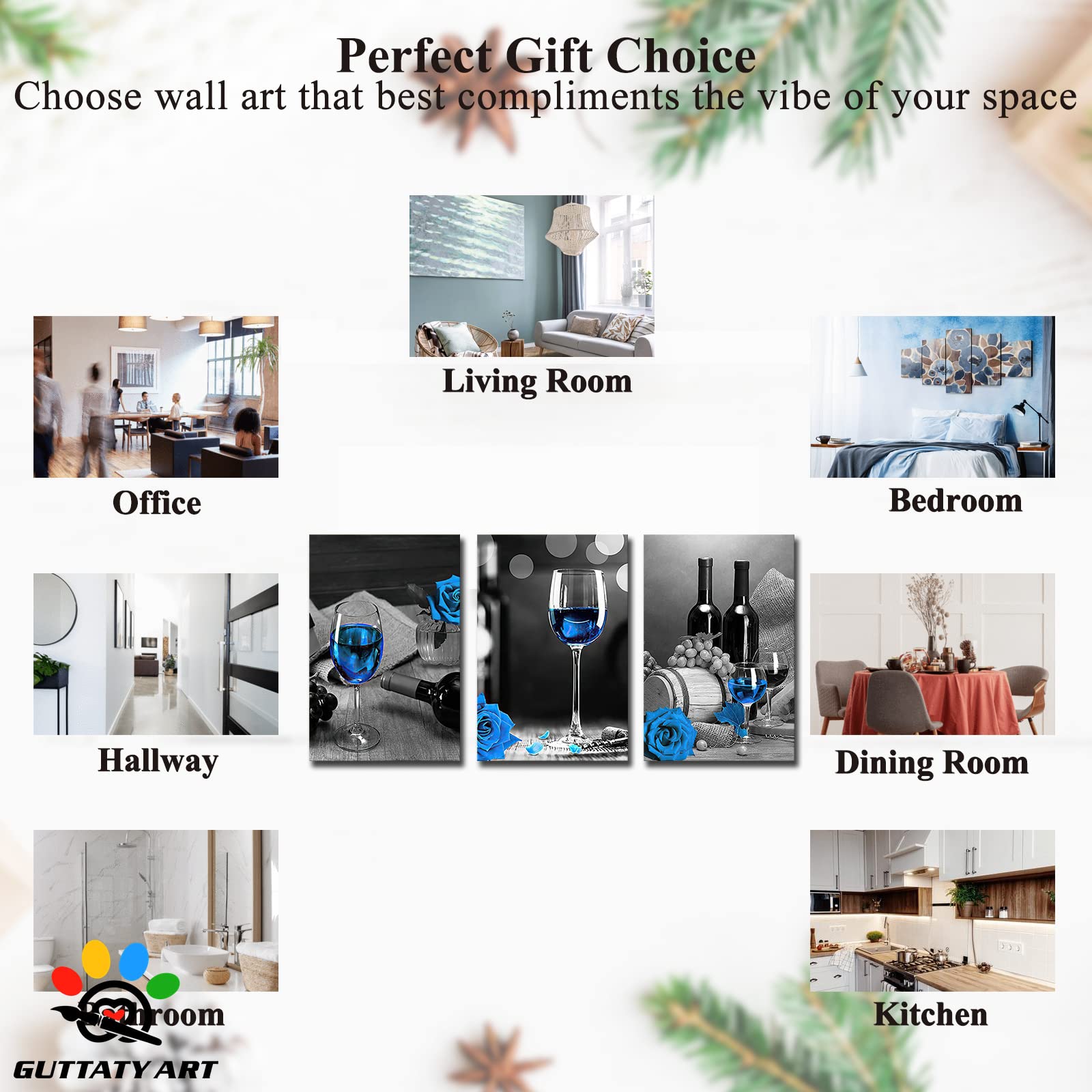 Modern Black & White Dining Room Wall Art Set - 3-Piece Blue Rose Wine Glasses Canvas Prints (24x36 Inches) for Kitchen & Home Decor | Perfect for Dining Areas, Restaurants & Wine Bars