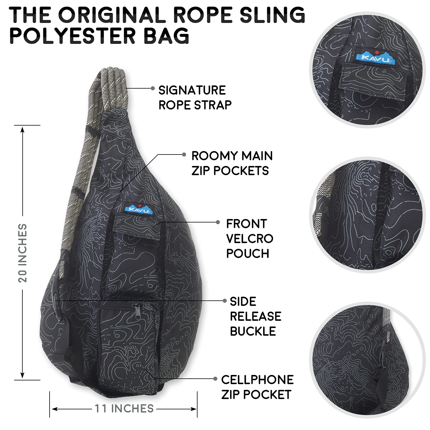 KAVU Rope Sling Crossbody Bag - Lightweight Compact Shoulder Bag for Men & Women - Black Topographic Print - Perfect for Travel, Hiking & Everyday Use