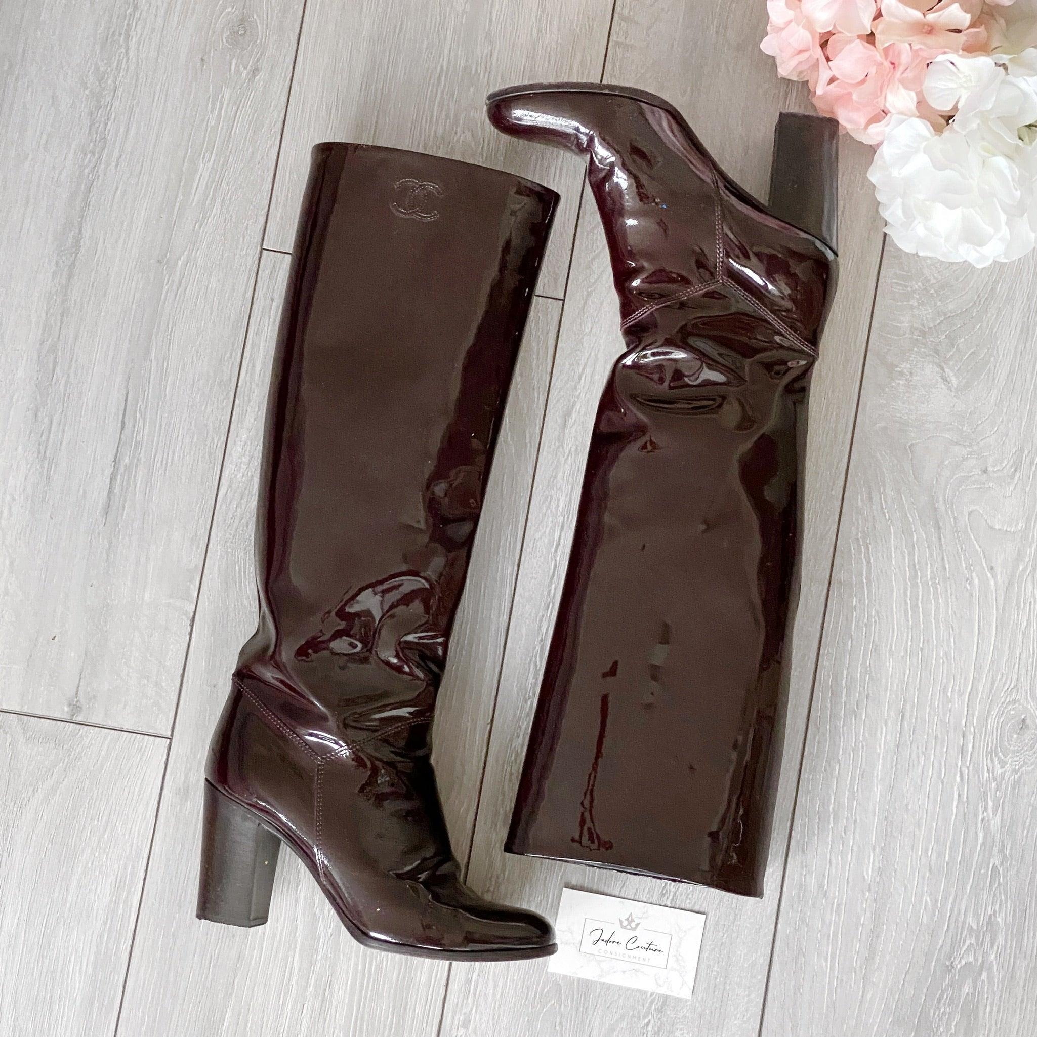 Chanel Burgundy Patent Leather Knee High Boots Size 37 - Luxury Fashion Boots for Women, Perfect for Fall & Winter Outfits, Parties & Special Occasions
