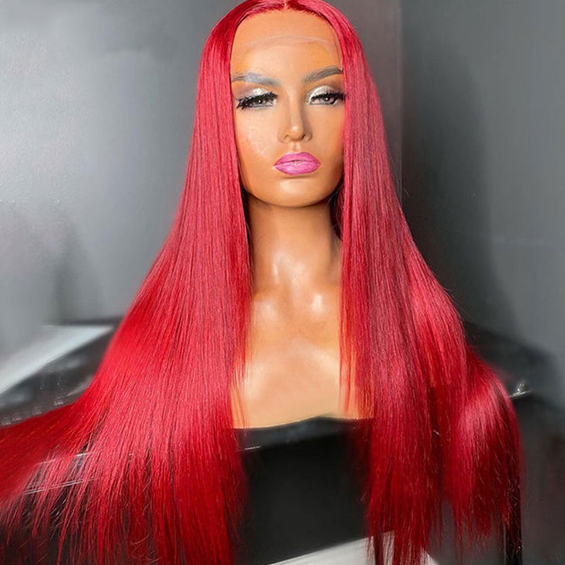 Eullair Nicki Minaj Inspired Red Straight/Body/Deep Wave Human Hair Lace Frontal Wig for Women with Pre-Plucked Hairline - Perfect for Cosplay, Parties & Daily Wear