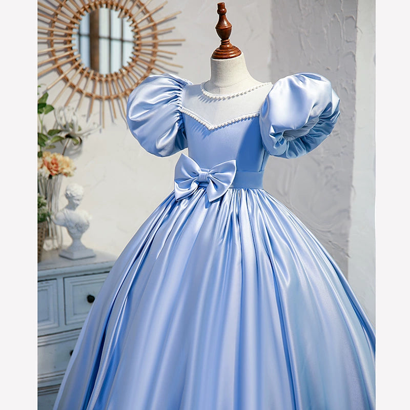 Royal Blue Satin Princess Jewel Neck Floor-Length Flower Girl Dress - Perfect for Weddings, Pageants & Special Occasions