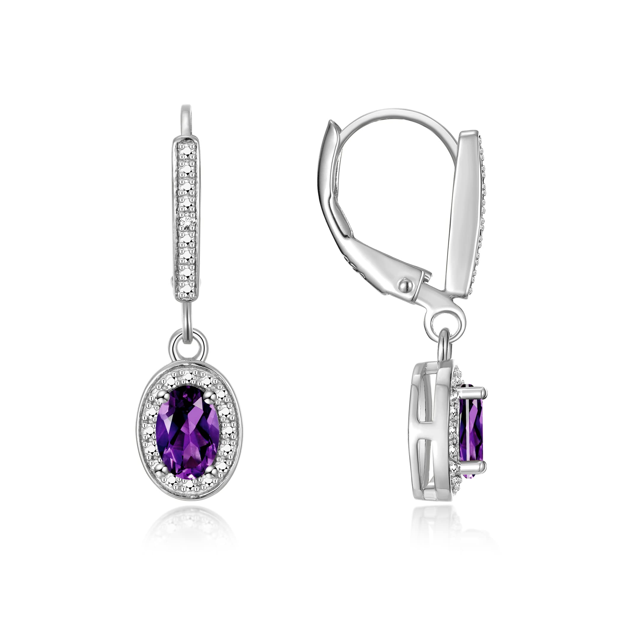 RYLOS Women's Sterling Silver Dangling Earrings with Oval Gemstone & Diamonds - 6X4MM Birthstone Jewelry for Gifts | Perfect for Weddings, Parties & Everyday Wear