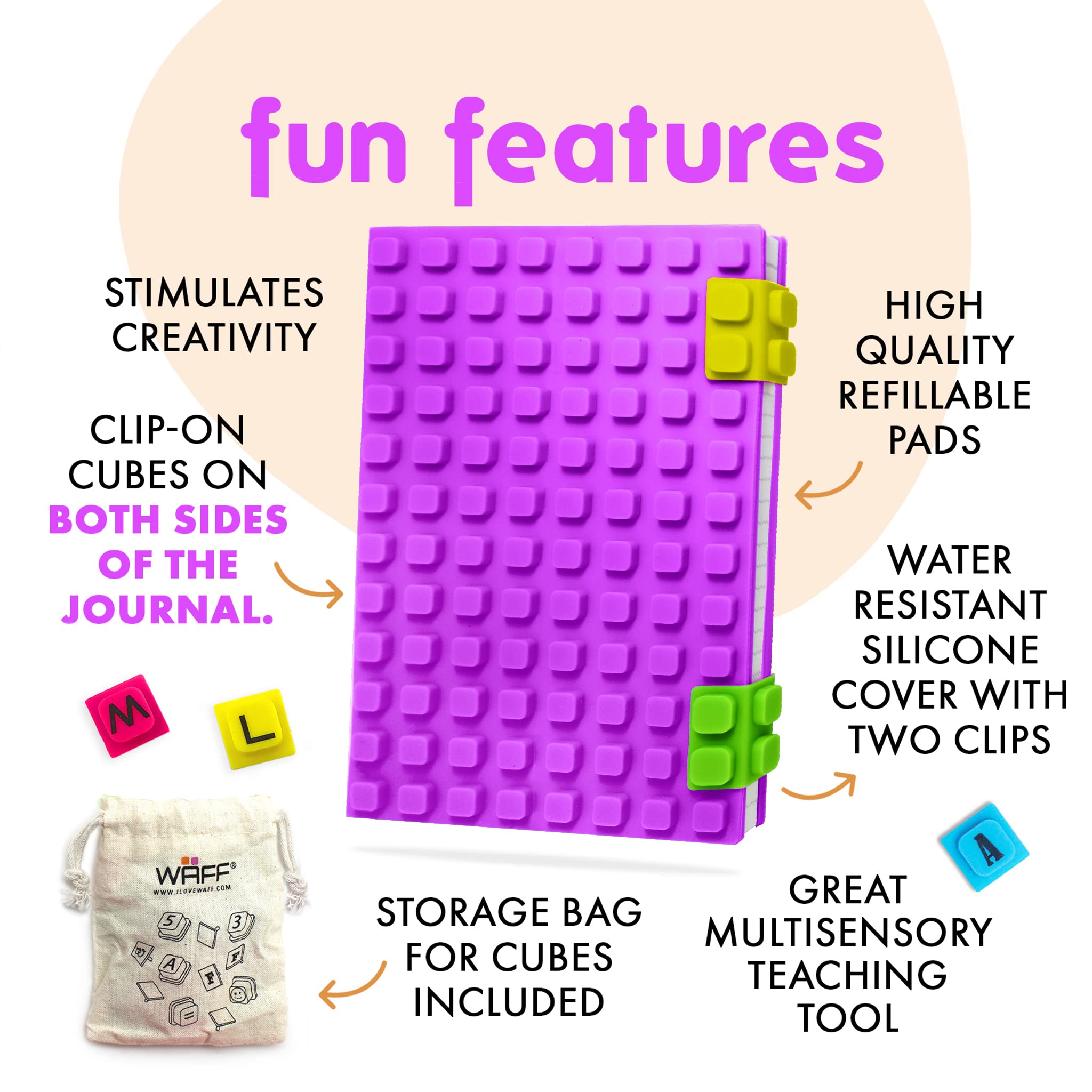 Purple A5 Refillable Journal Notebook with Soft Lock - 190 Lined Pages & 100 Decor Cubes - Perfect Gift for Boys & Kids - Great for School, Travel, and Creative Writing