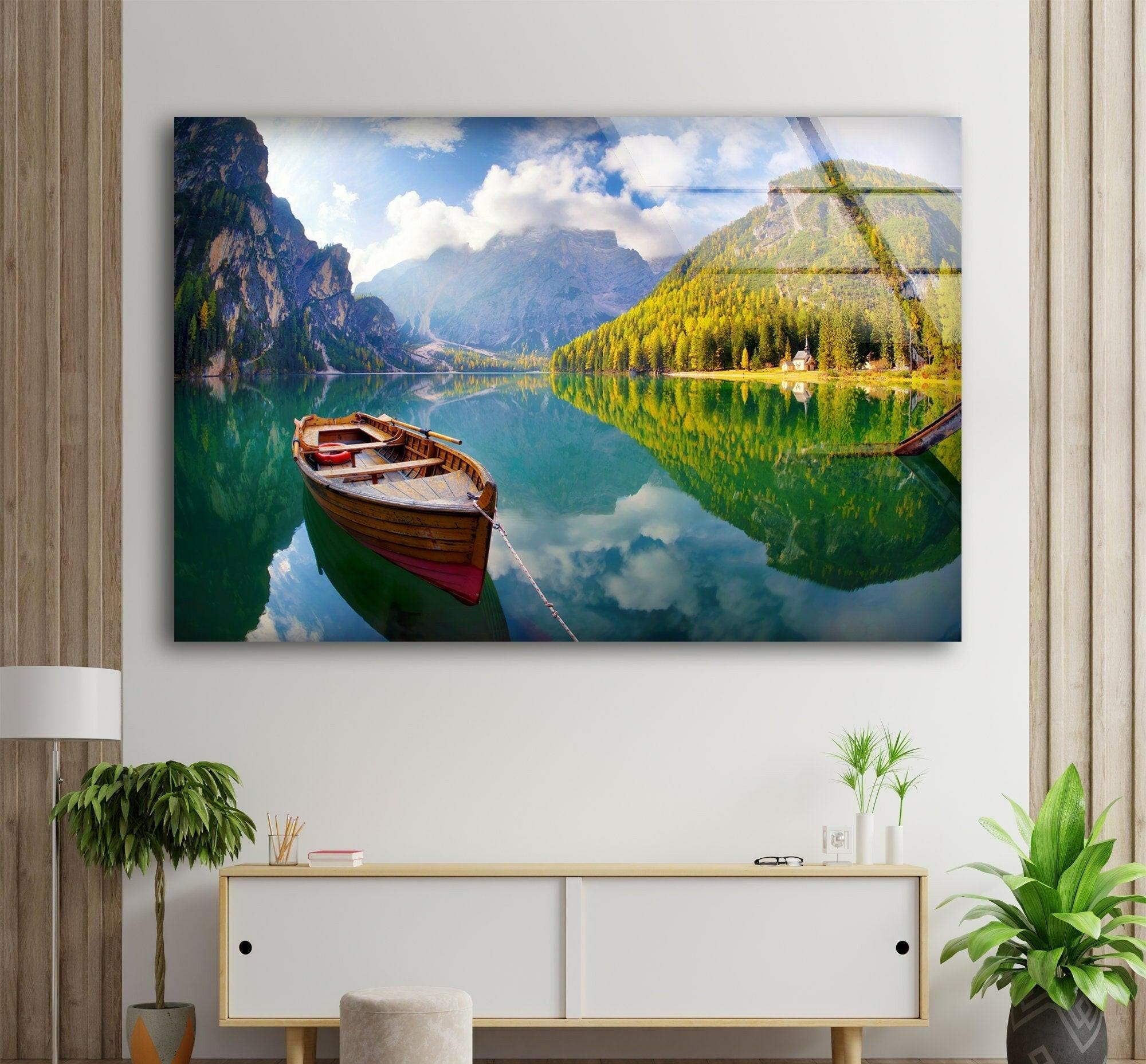 Autumn Boat on Lake Glass Wall Art - Handmade Landscape Painting for Home & Office Decor - Perfect for Living Room, Bedroom, or Office Wall Decor