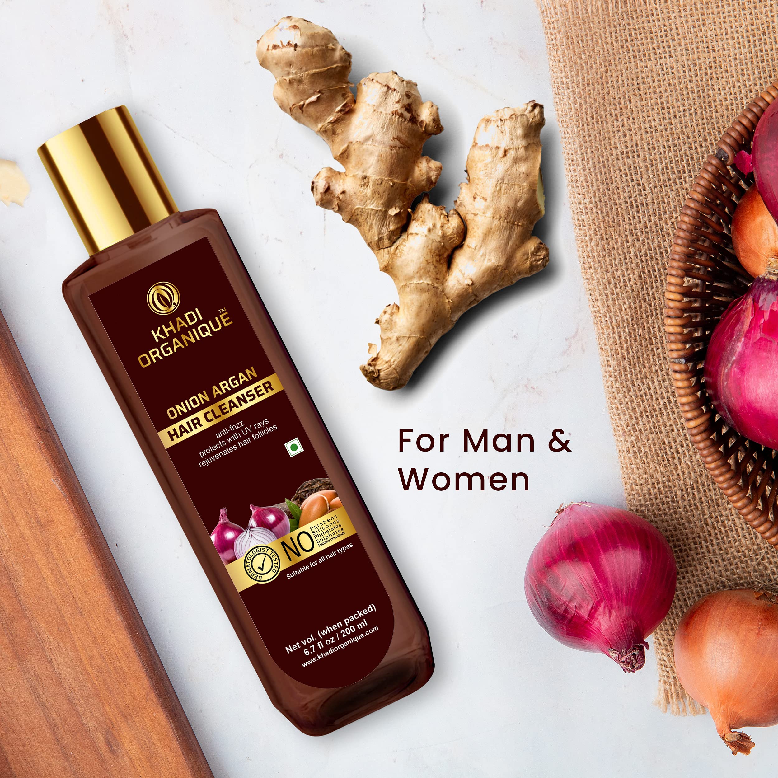 Khadi Organique Onion & Argan Oil Hair Cleanser - Anti-Frizz, UV Protection, Hair Follicle Rejuvenation - 200ml (Pack of 1) for Dry, Damaged Hair & Sun Exposure