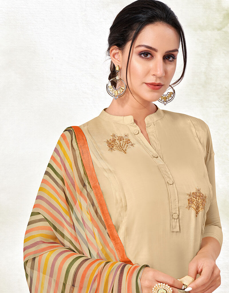 Elegant Beige Chanderi Cotton Chudidar Suit for Women | Traditional Indian Kurti Set | Perfect for Festivals, Weddings & Special Occasions