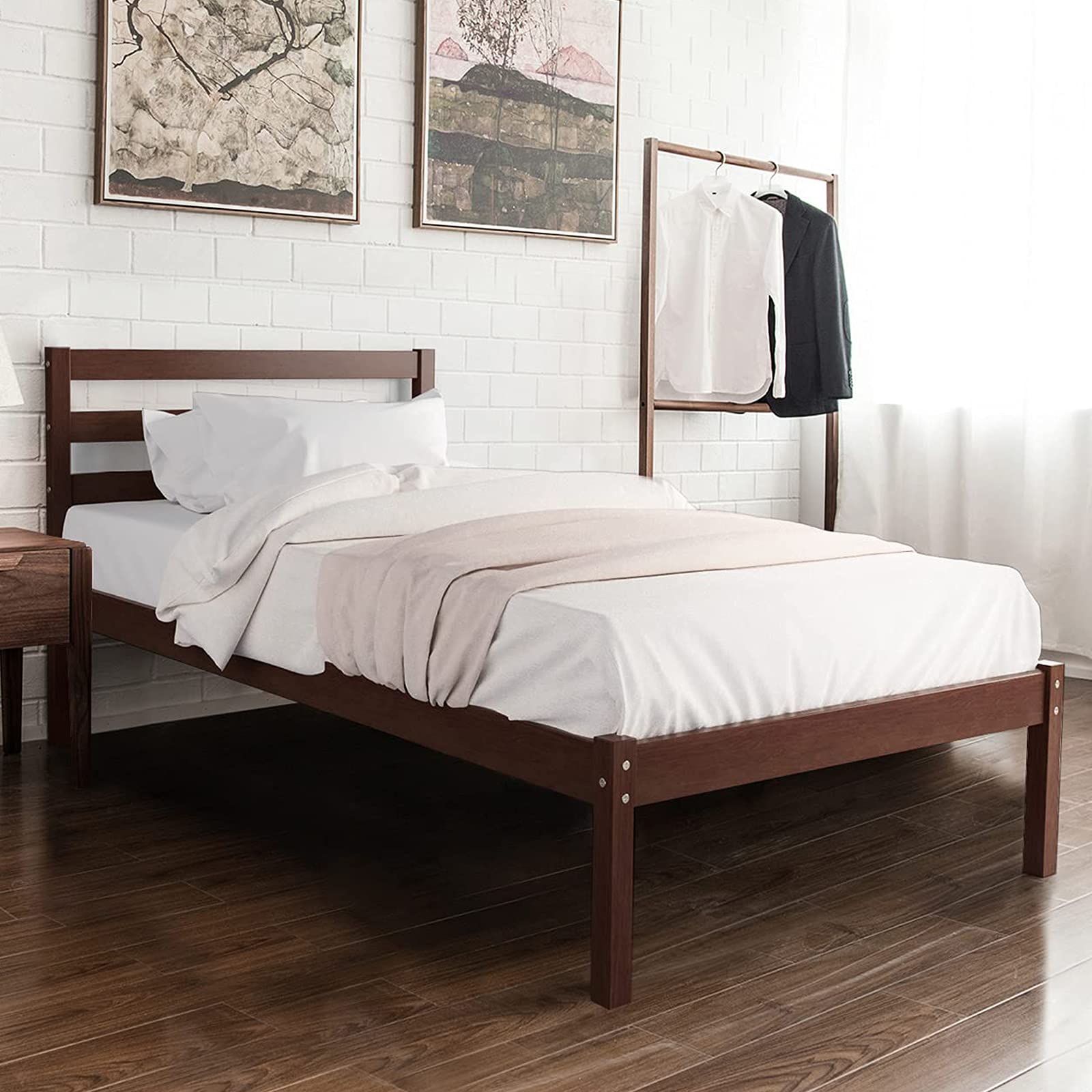 Giantex Solid Wood Platform Bed Frame with Paneled Headboard - Wood Slat Support, No Box Spring Needed - Twin Size Espresso Finish Mattress Foundation for Bedroom, Guest Room & Dormitory