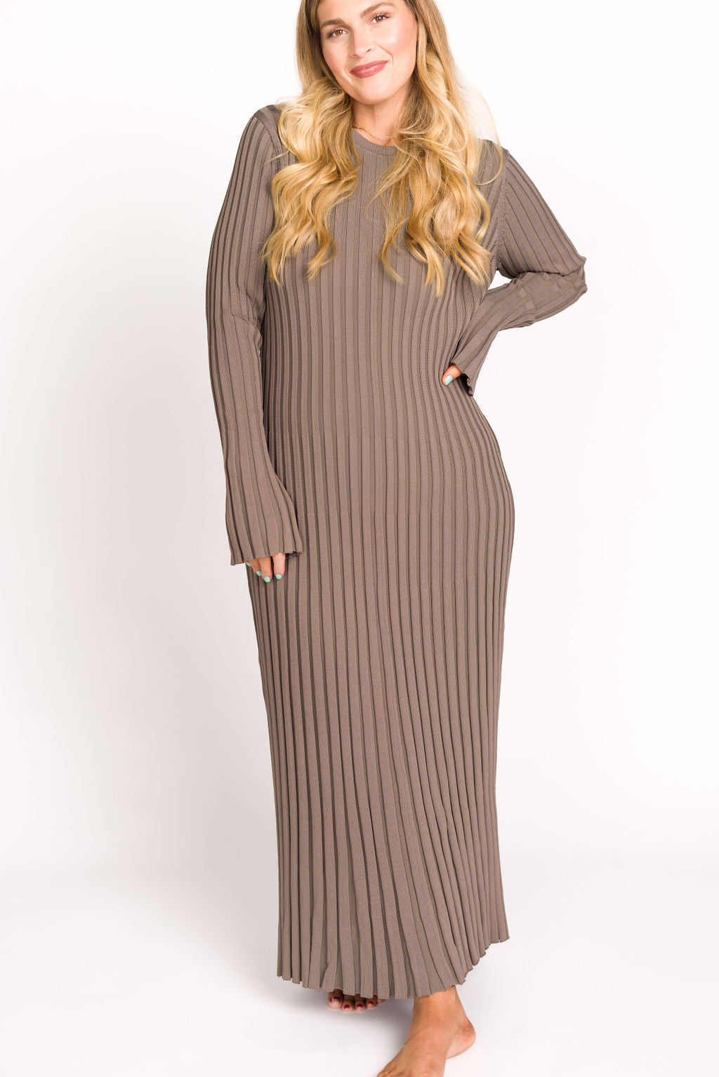 Colette Premium Long Sleeve Ribbed Knit Maxi Dress in Slate - Bump Friendly Maternity Dress for Pregnancy, Nursing & Postpartum | Perfect for Casual Wear, Date Nights & Special Occasions