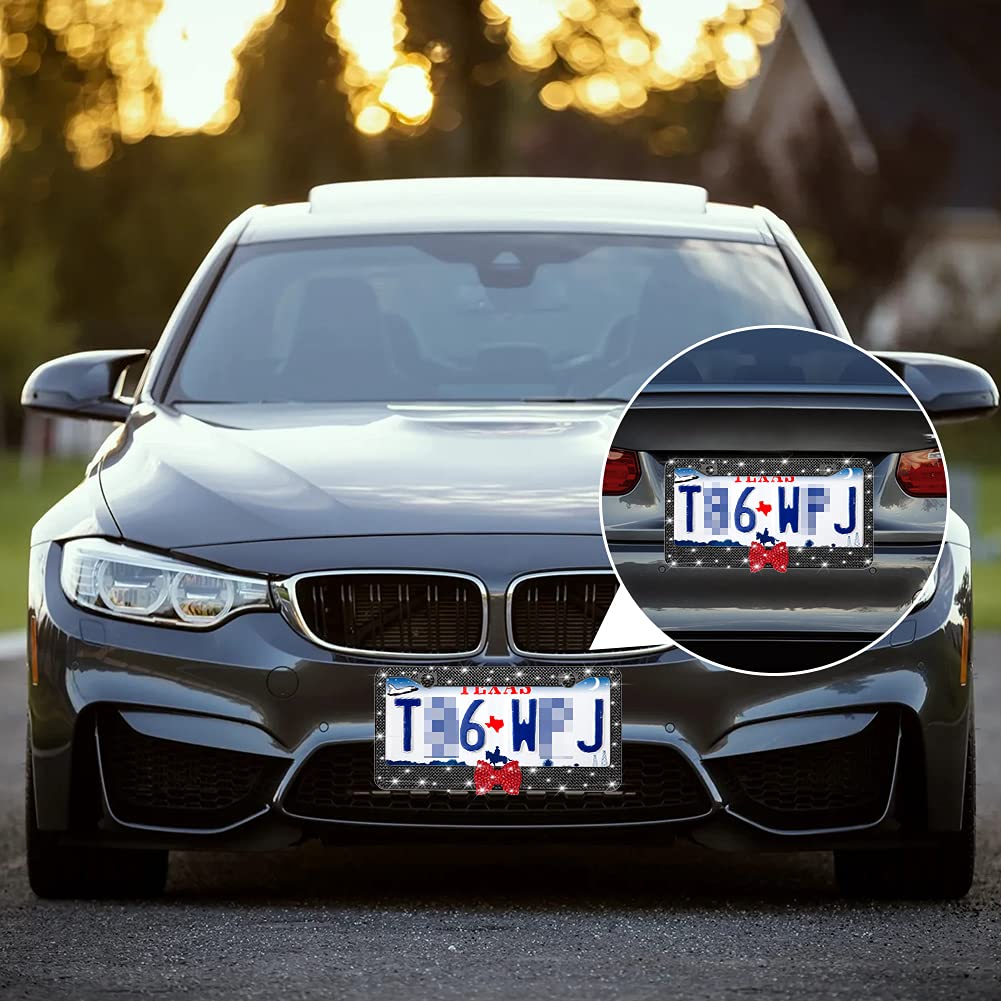 OTOSTAR 1 Pack Bling License Plate Frame with Ribbon Bow - Handcrafted Shiny Rhinestones Premium Stainless Steel 2 Hole License Plate Holder with Anti-Theft Screw Caps Set (Black/Red Bowtie) - Perfect for Car Decoration, Gift Giving & Customizing Your Vehicle