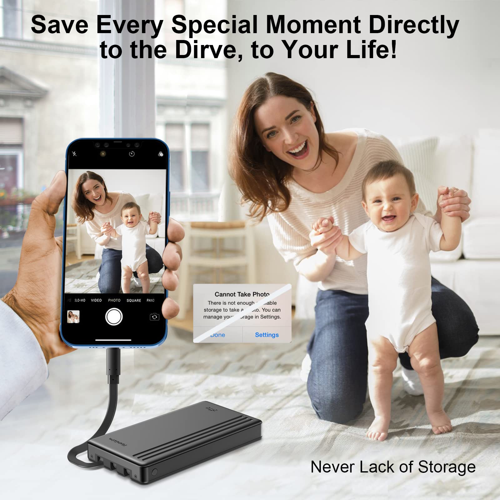 1TB MFi Certified Portable External Hard Drive for iPhone, iPad, MacBook - USB C & USB HDD Storage Device for iOS, Android & Windows PC - Perfect for Photo Backup, Memory Extension & Travel Data Storage