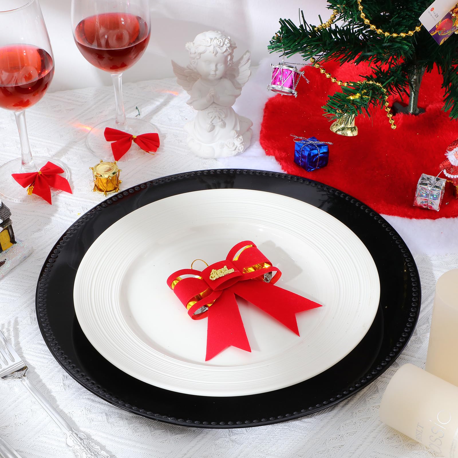 Dandat 50-Pack 13-Inch Plastic Round Charger Plates with Beaded Rim - Reusable Decorative Dinner Plates for Wedding, Party & Formal Events - Elegant Black Table Setting for Banquets, Catering & Home Dining