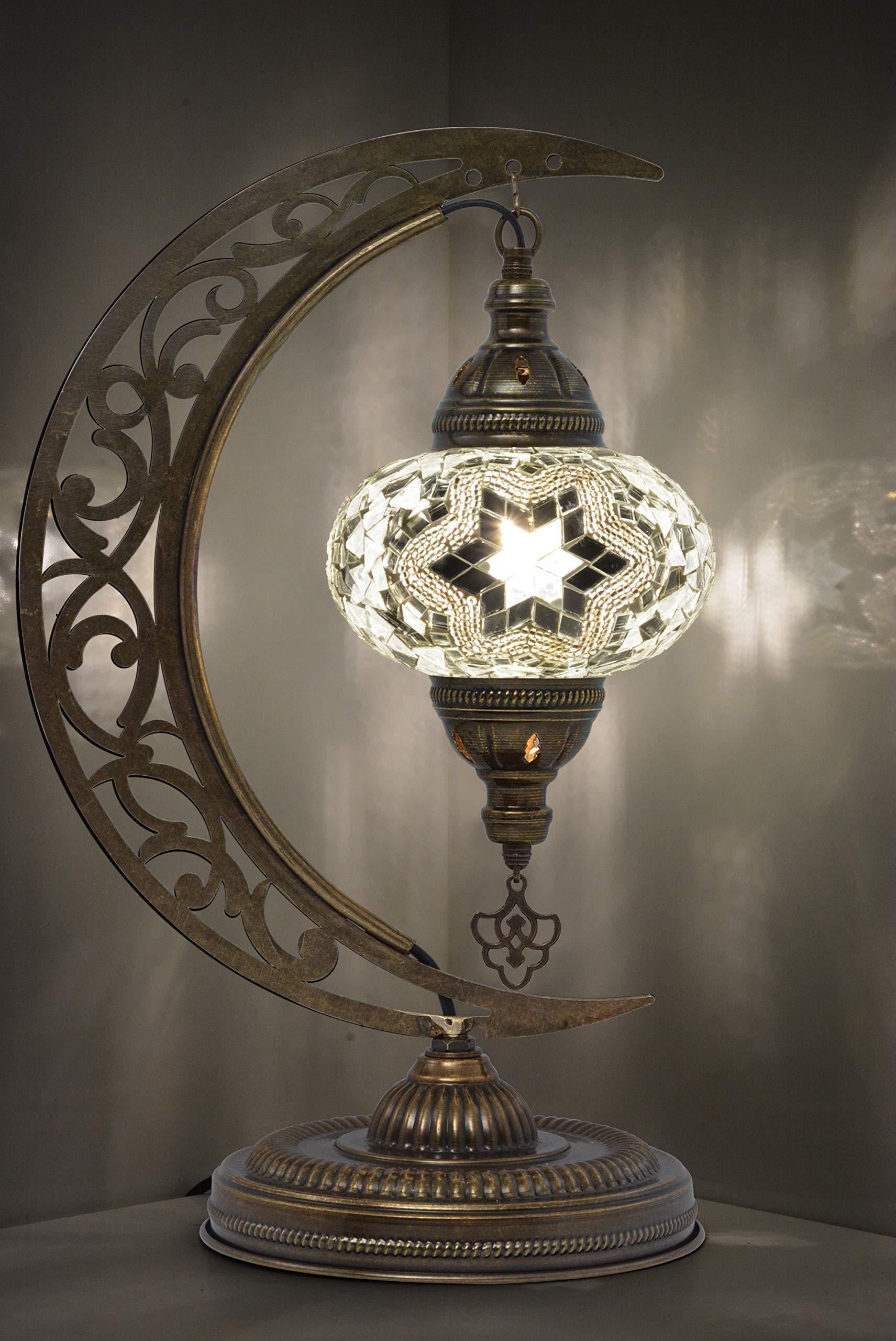 Mozaist Turkish Lamp - Handmade Moroccan Mosaic Moon Shaped Table Lamp with Tiffany Stained Glass, US Plug & E12 Socket | Bohemian Vintage Nightstand & Bedside Lighting for Living Room, Bedroom Decor