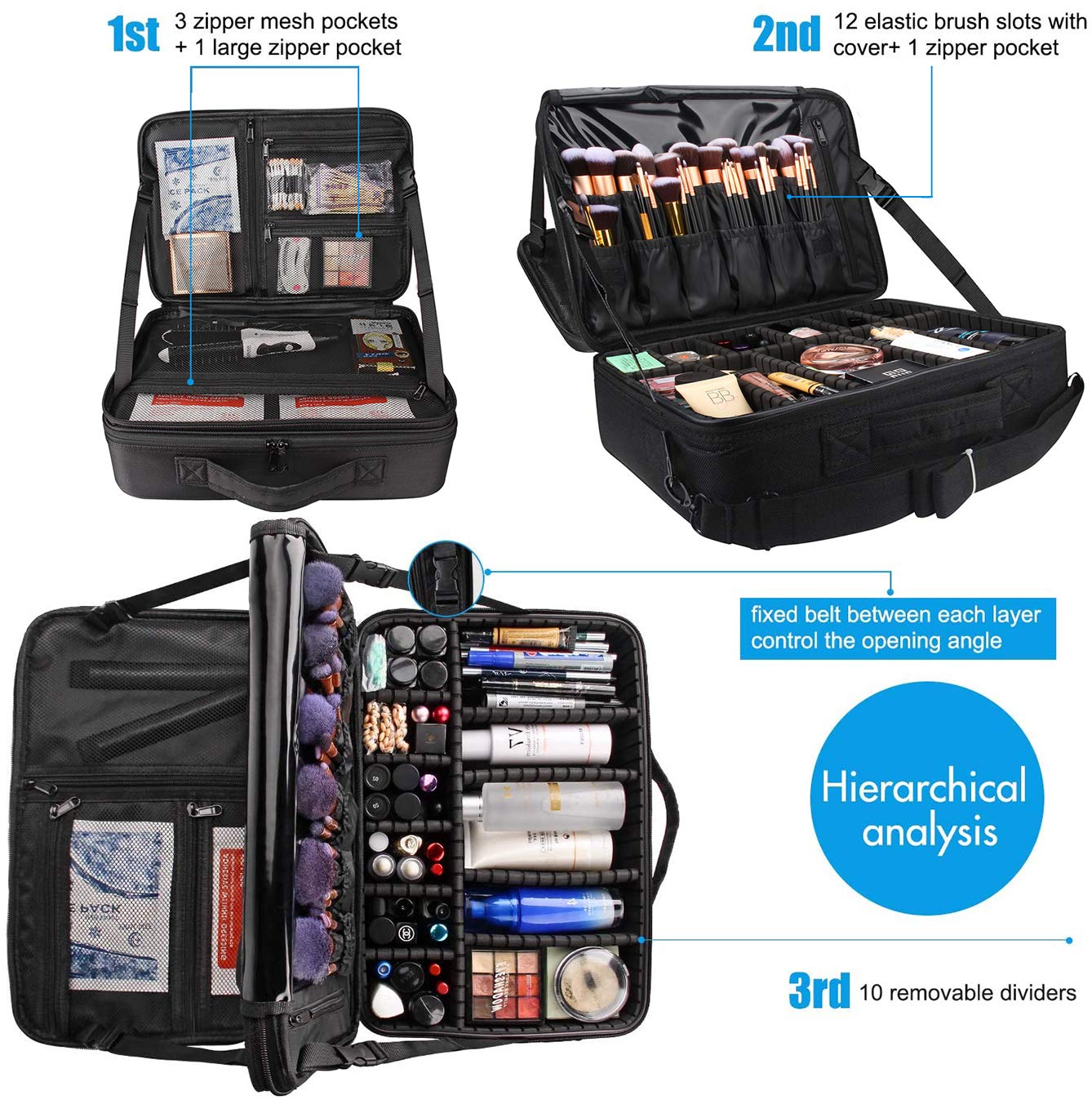 MONSTINA 16.5'' Large Capacity 3-Layer Makeup Train Case - Professional Cosmetic Organizer & Brush Holder for Makeup Artists, Barbers & Travel | Perfect for Hair Tools (Curler, Straightener), Brushes & Cosmetics Storage | Ideal for Salon, Home Use & On-the-Go Beauty Professionals