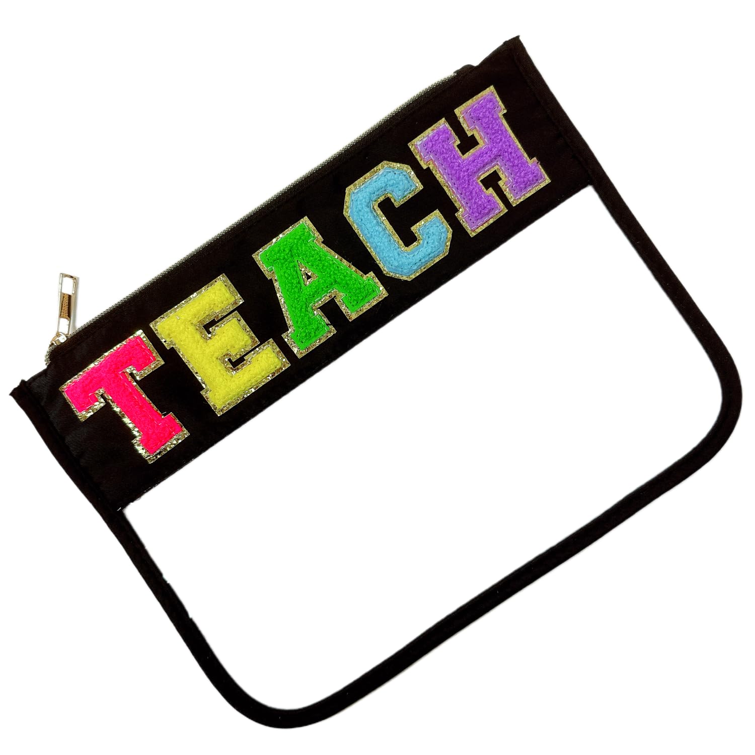 Personalized Teacher Appreciation Gifts - Clear Makeup Pouch with Chenille Letter Patches, Zipper Pencil Case for Women - Perfect for Graduation, Retirement & Birthday (Teach-Black) | Ideal for School Supplies, Cosmetics Storage & Everyday Use