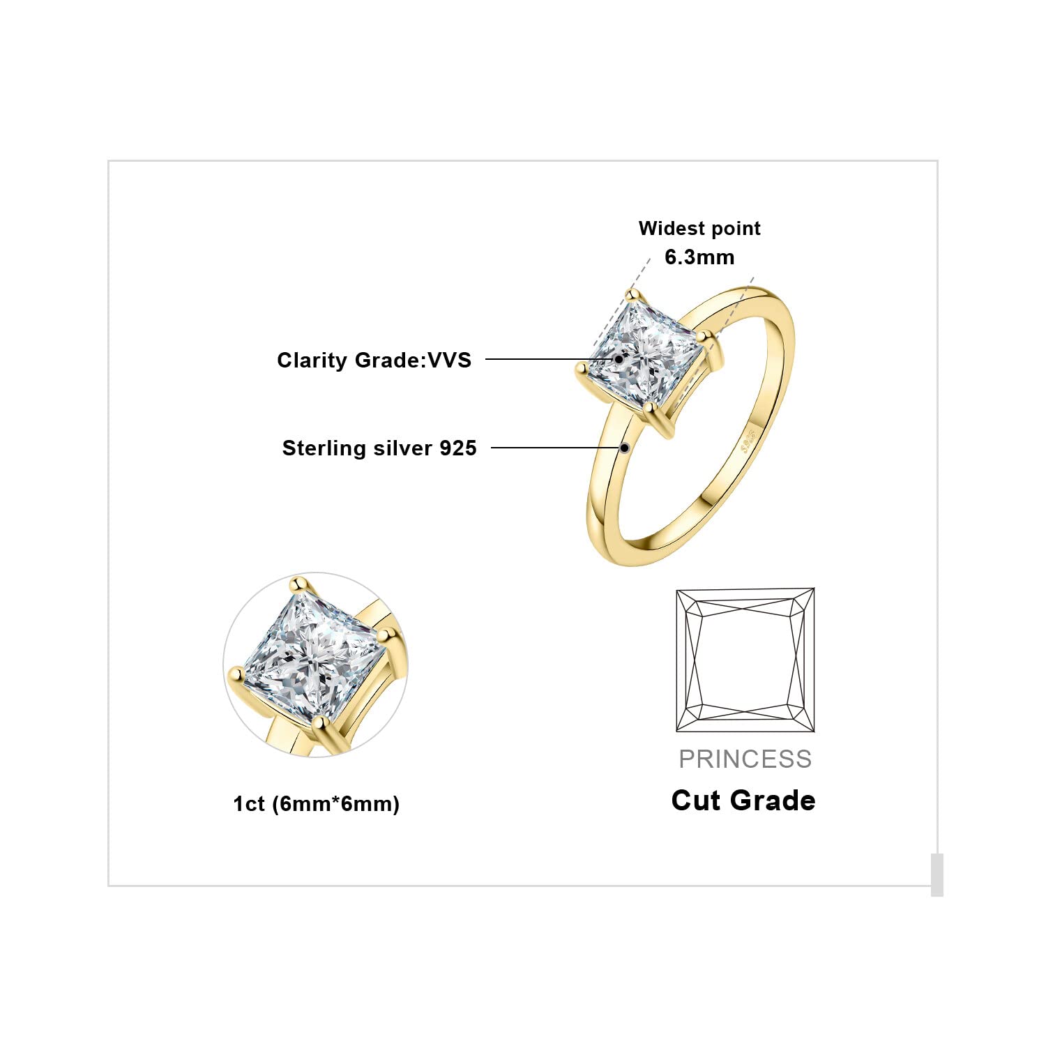 1ct Cubic Zirconia Solitaire Engagement Ring for Women - 925 Sterling Silver Square Promise Wedding Band Set, Simulated Diamond Anniversary Jewelry Gift for Her | Proposal, Valentine's Day, Anniversary Celebration