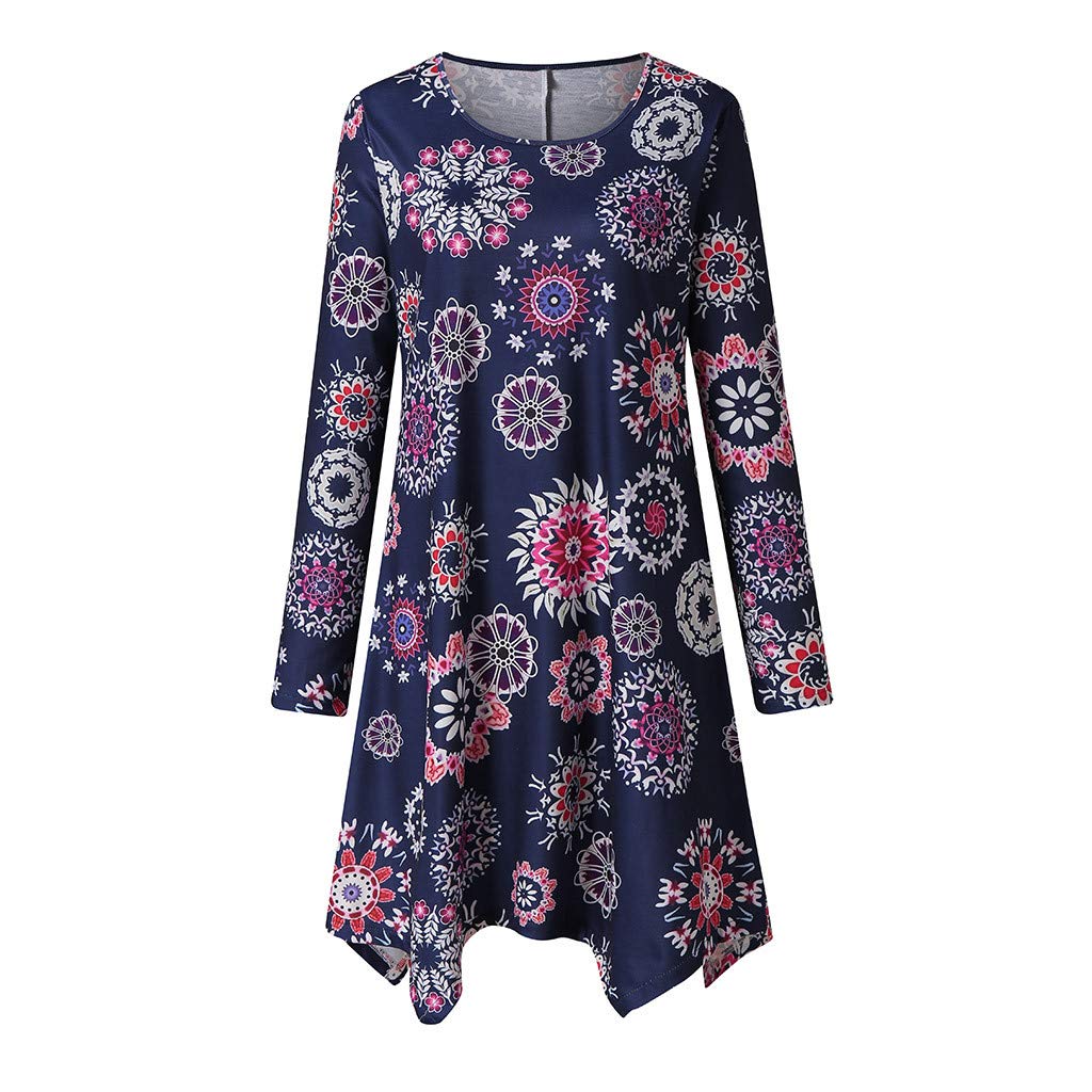Women's Casual Round Neck Long Sleeve Floral Print Tunic Dress - Elegant Fall Fashion for Work, Date Night & Everyday Wear