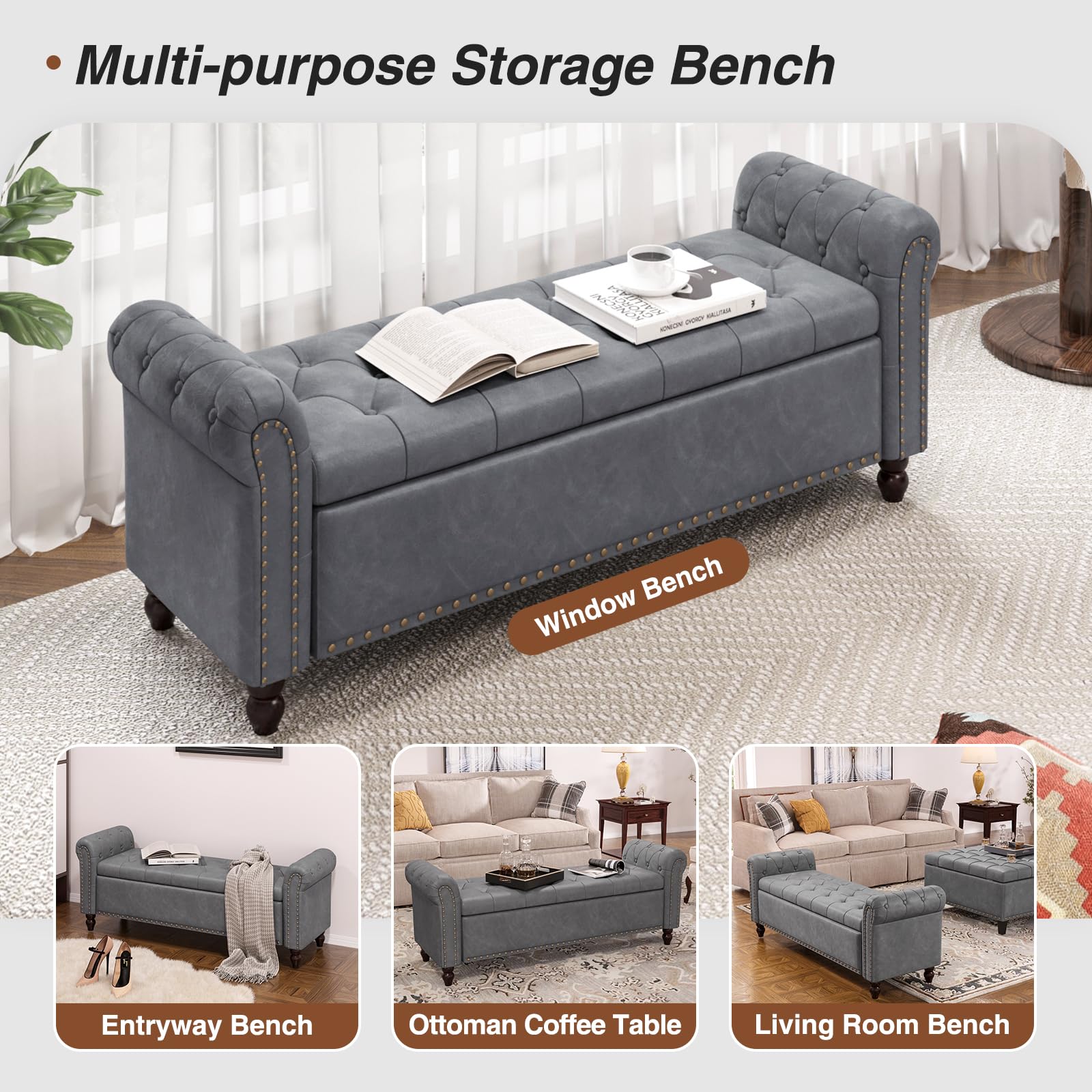 55 Inch Upholstered Storage Bench with Faux Leather & Tufted Button Design - Gray Bedroom Bench for End of Bed with Nailhead Trim & Rolled Arms | Perfect for Bedroom Seating, Window Seat, and Extra Storage Space