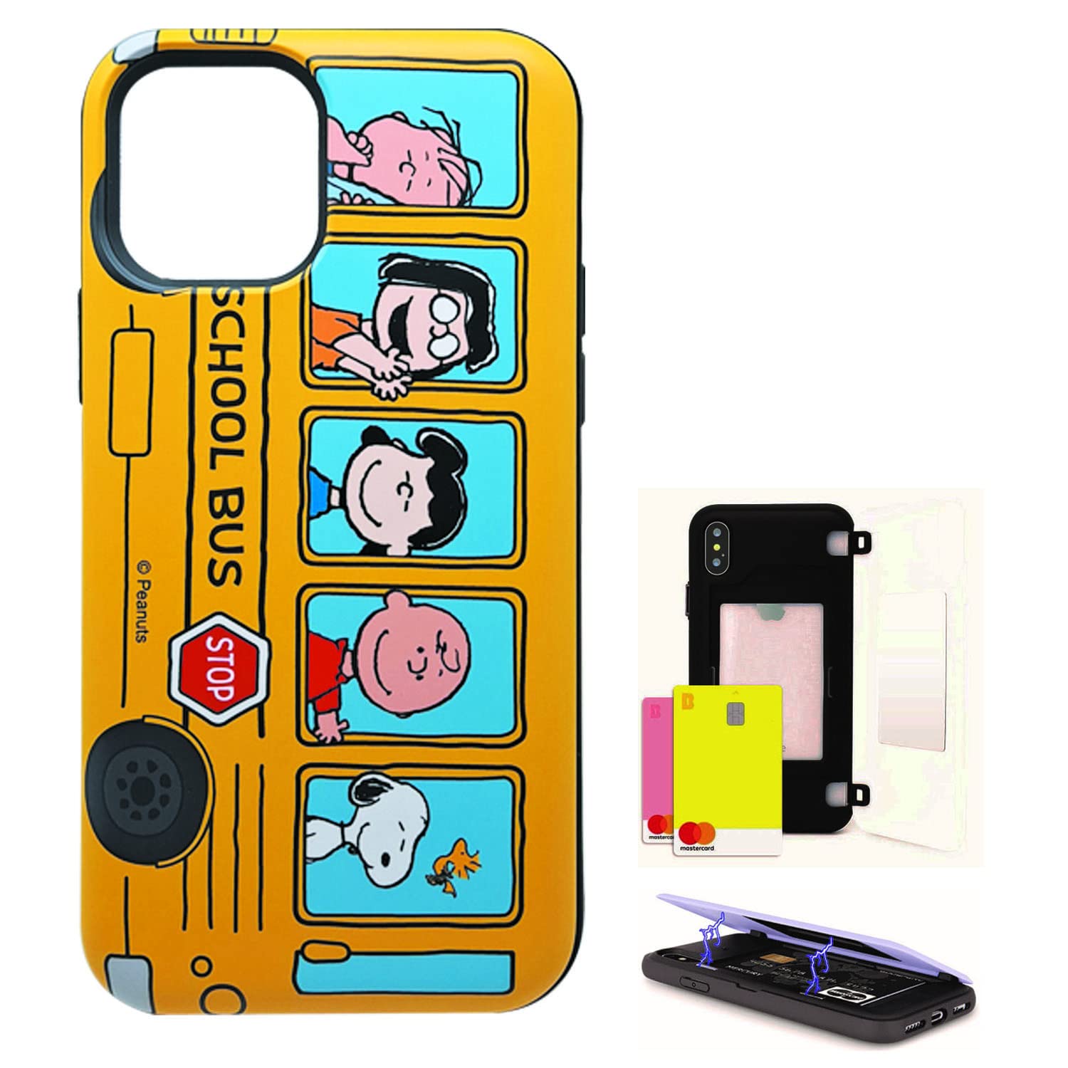 iPhone 12/12 Pro Mirror Wallet Case with Snoopy Design | Shockproof Protective Cover | Perfect for School, Work & Travel (Peanuts School Bus Style)