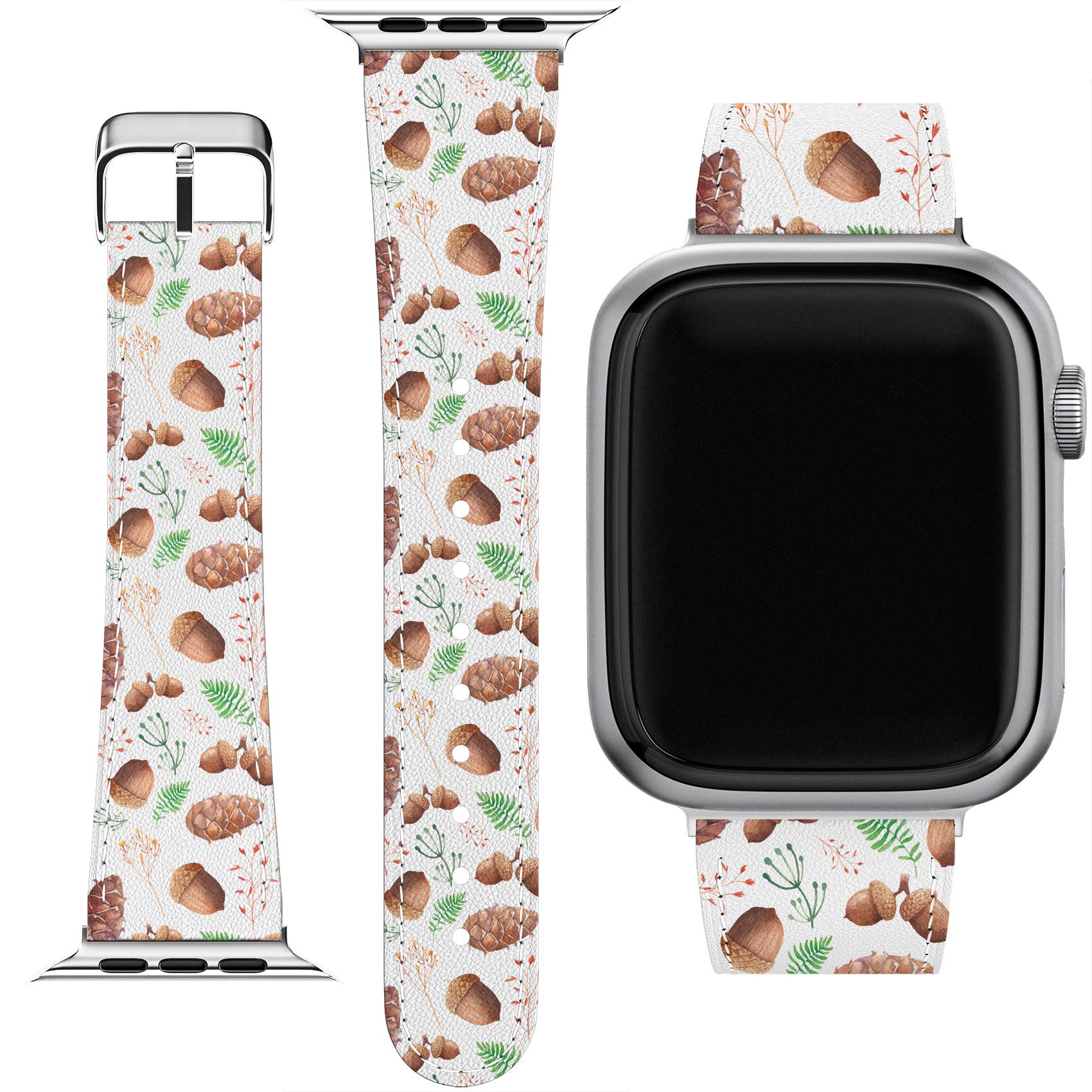 Apple Watch Bands Compatible with Series 7/6/5/4/3/2/1/SE - 38-45mm Cute Acorn Forest Print PU Leather Strap with Matching Phone Case - Perfect for Outdoor Adventures, Hiking & Nature Lovers
