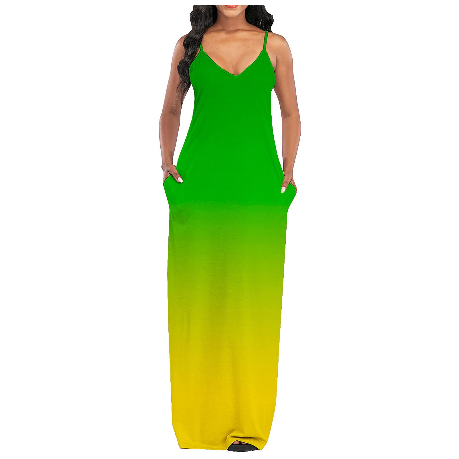 Women's Casual Long Button Front Sundress - V Neck Sleeveless Gradient Maxi Dress for Beach, Summer & Vacation | Flowy Boho Chic Dress for Outdoor Parties, Date Night & Travel