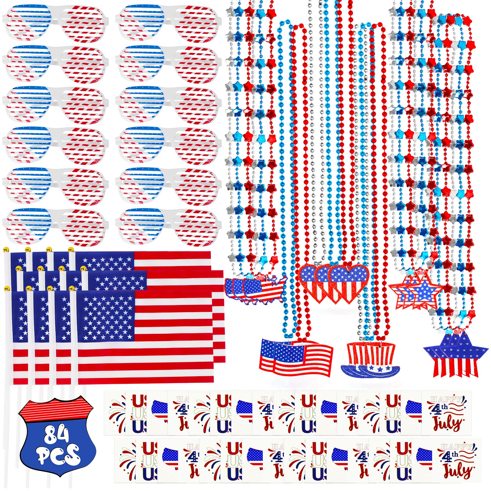 84 PCS 4th of July Party Supplies - Patriotic Beaded Necklaces, USA Flags, Shutter Shades & 48 Temporary Tattoos - Independence Day Decorations & Party Favors for BBQ, Parades & Festive Celebrations