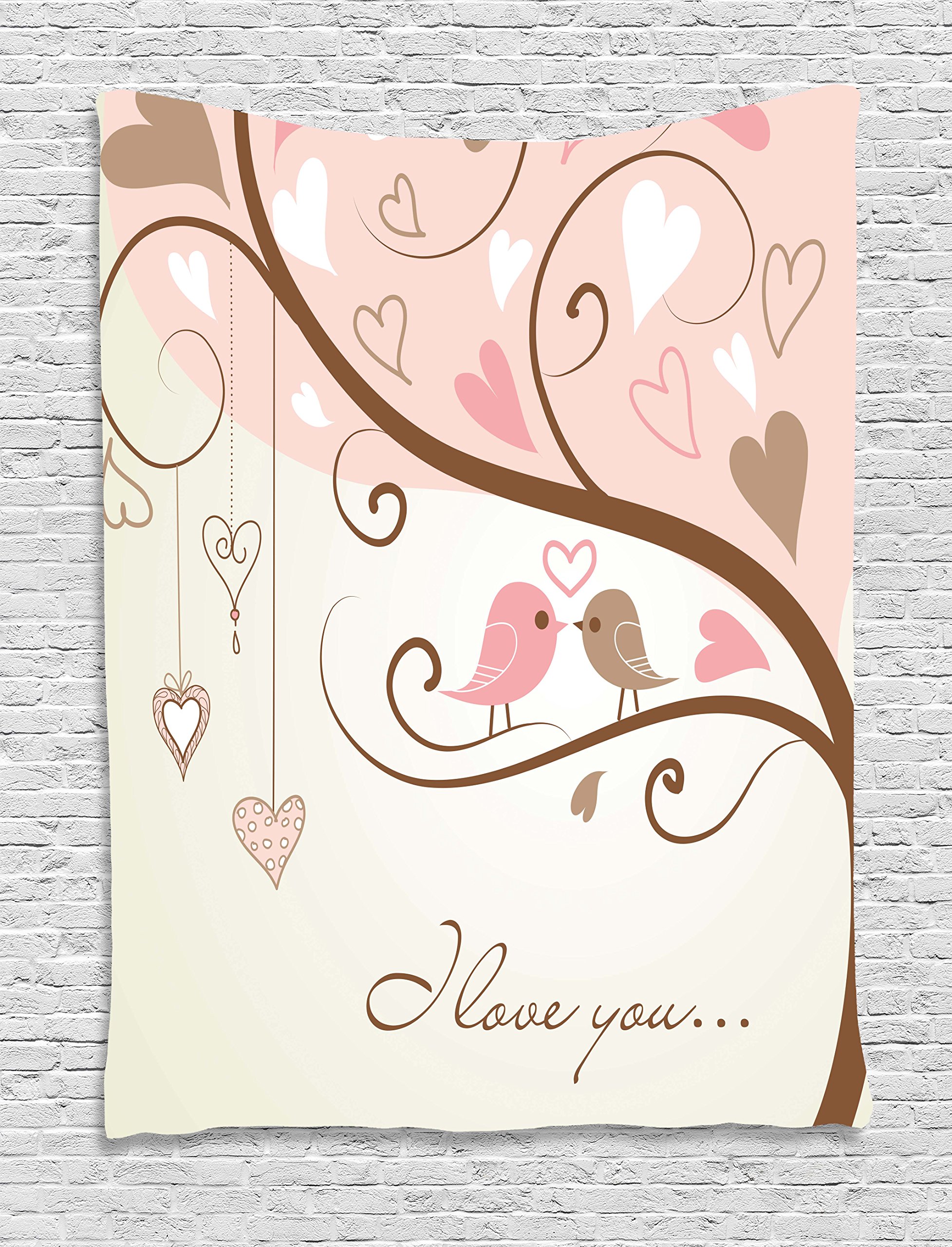 Ambesonne Love Tapestry Wall Hanging - Abstract Heart Birds on Branch Nature Print in Blush Brown Beige, 40