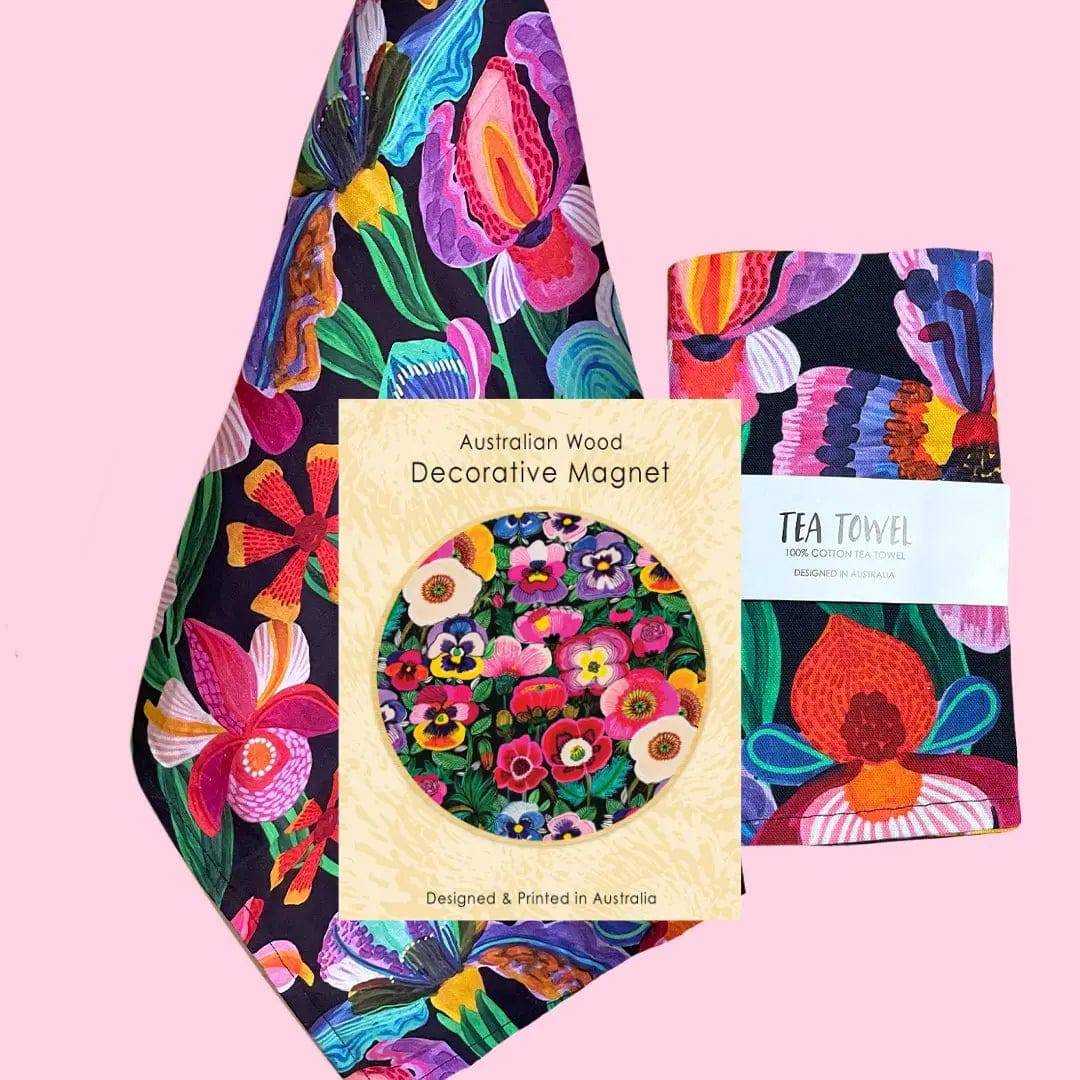Irises & Pansies Tea Towel and Wooden Fridge Magnet Gift Set - Floral Kitchen Decor for Home, Housewarming, and Hostess Gifts