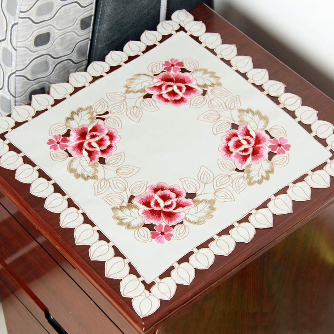 LeLehome 57 Inch Square Floral Embroidered Tablecloth - Classic Beige Lace with White Roses & Leaves Design, Elegant Dining Table Cover for Wedding, Party, Festival, Home & Kitchen Decor | Perfect for Holiday Gatherings, Anniversary Dinners & Special Occasions