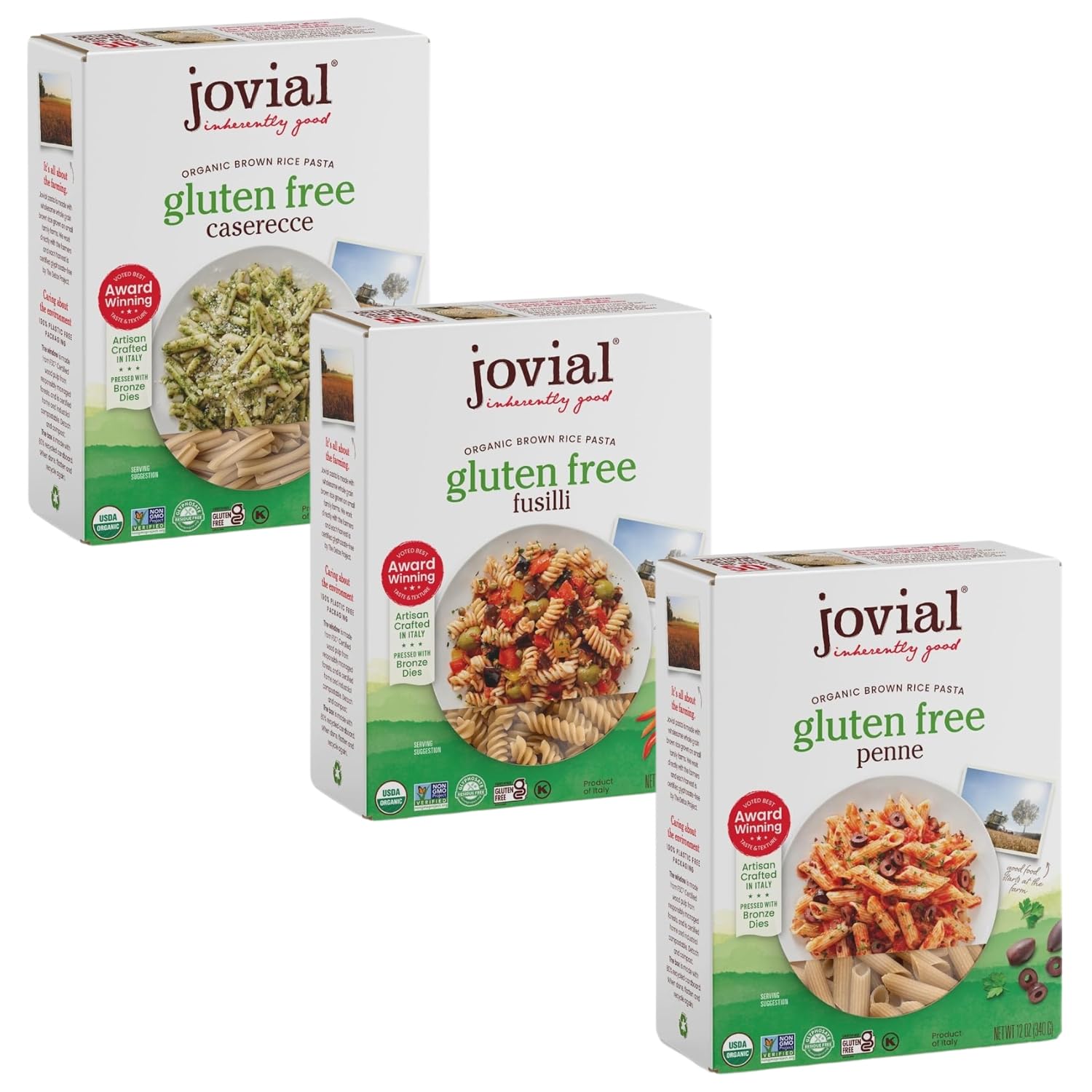 Organic Whole Grain Brown Rice Pasta Variety Pack (Penne, Fusilli, Caserecce) - Gluten Free, Dairy Free, Non-GMO, Made in Italy - 12 Oz (9 Pack) | Perfect for Vegan, Paleo & Healthy Family Dinners