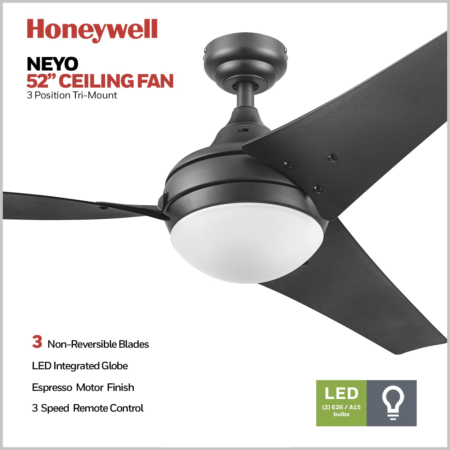 Honeywell Neyo 52 Inch Modern LED Ceiling Fan with Light & Remote Control - High Performance Reversible Motor, 3 Wood Blades for Bedroom, Living Room, Kitchen (Espresso) - Model 51800-01