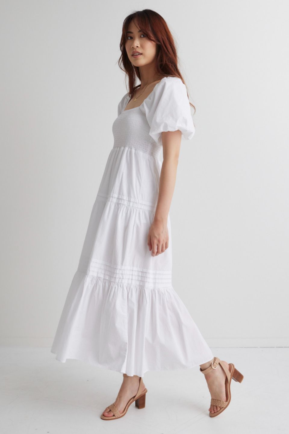 Elegant White Square Neck Bubble Sleeve Pleated Tiered Midi Dress for Women | Summer Wedding Guest Dress, Garden Party Outfit & Casual Date Night Attire