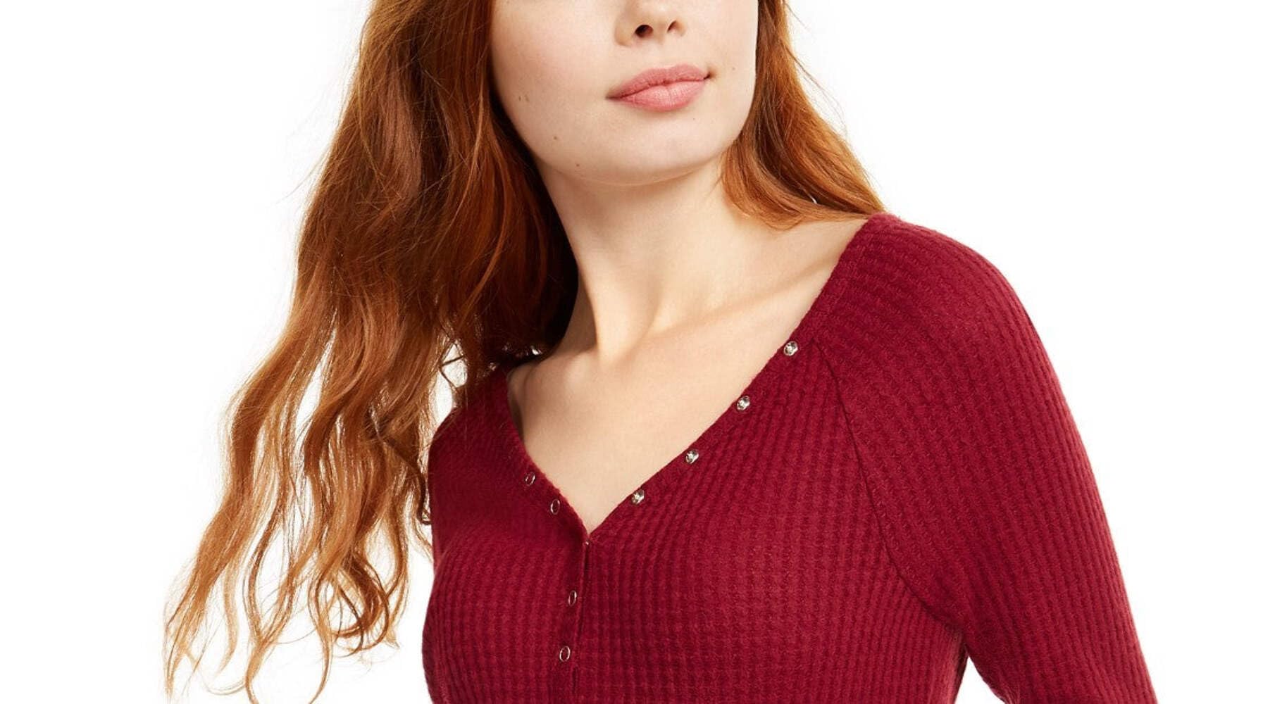 Ultra Flirt Juniors' Cozy Waffle-Knit Henley Top - Red, Size Medium | Soft Long Sleeve Shirt for Women, Girls | Perfect for Fall, Winter, Casual Wear & Layering
