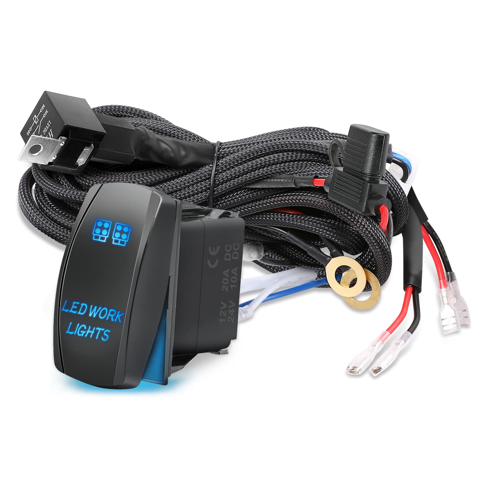 Roador 12V 40A Relay Fuse Wiring Harness Kit with Rocker Switch - 2 Lead Nylon Wire for LED Light Bars, Fog Lights & Off-Road Driving Lights - Perfect for Trucks, Pickups, UTVs, ATVs & Boats - Ideal for Off-Roading, Night Driving & Work Lighting
