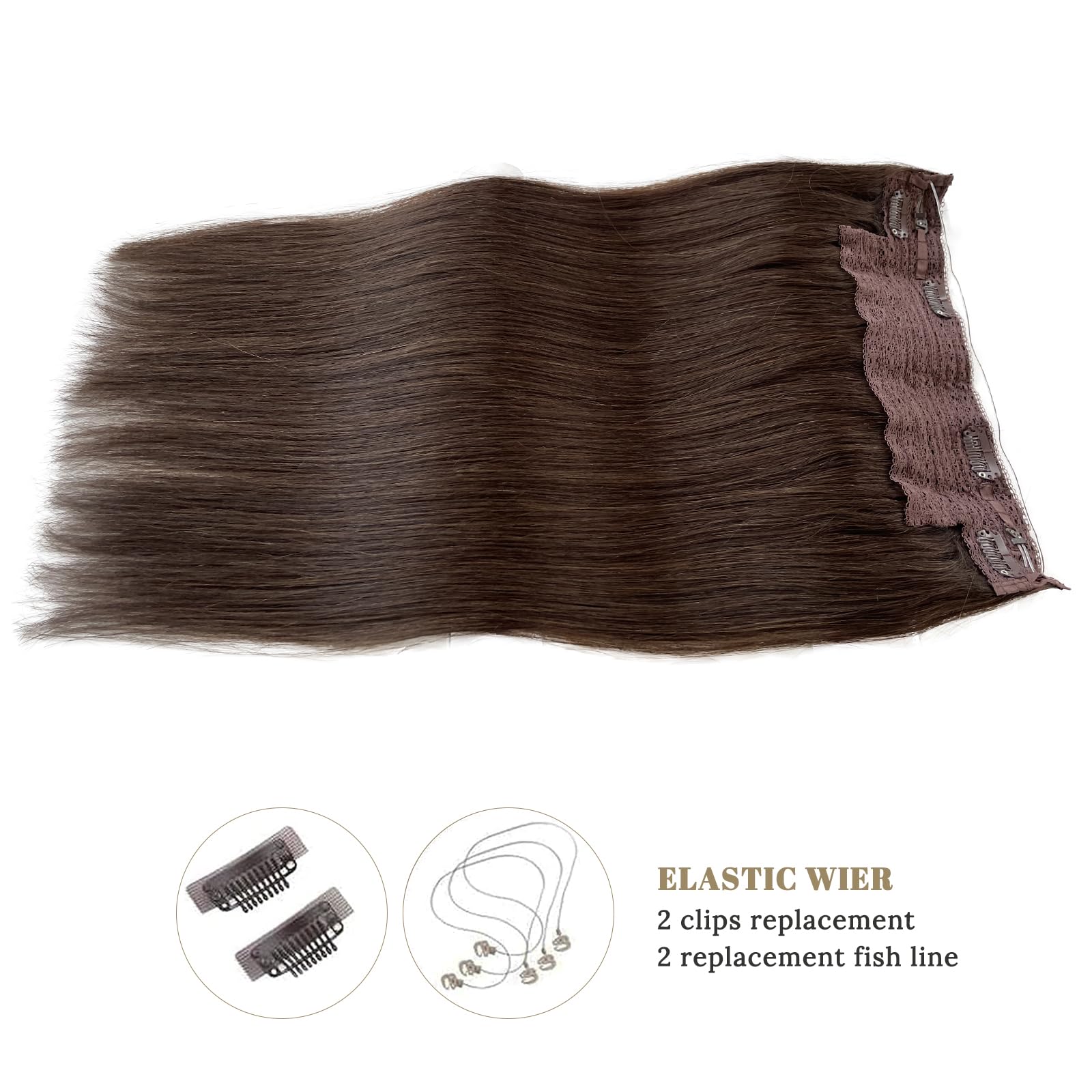 Premium 22 Inch Dark Brown Human Hair Extensions with Invisible Wire - 100g Real Human Hair Halo for Women | Perfect for Parties, Weddings & Everyday Styling